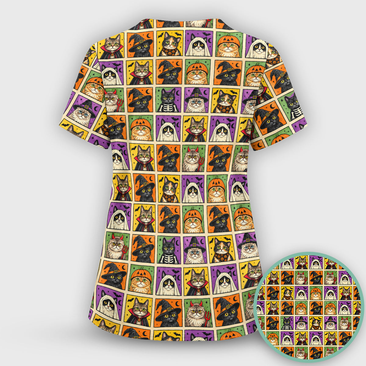 Halloween Cat Costume Patchwork Scrub Top, Comfortable Scrubs for Nurses