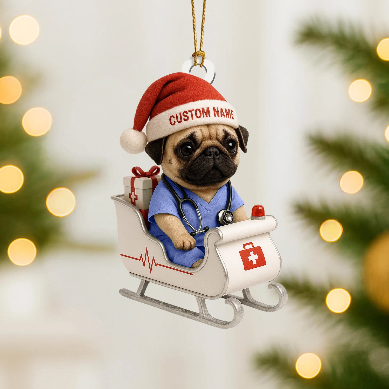 Personalized Nurse Pug Christmas Ornament – Custom Name Dog Doctor Sleigh Decor – Cute Medical Puppy Holiday Tree Ornament for Pet Lovers & Healthcare Workers