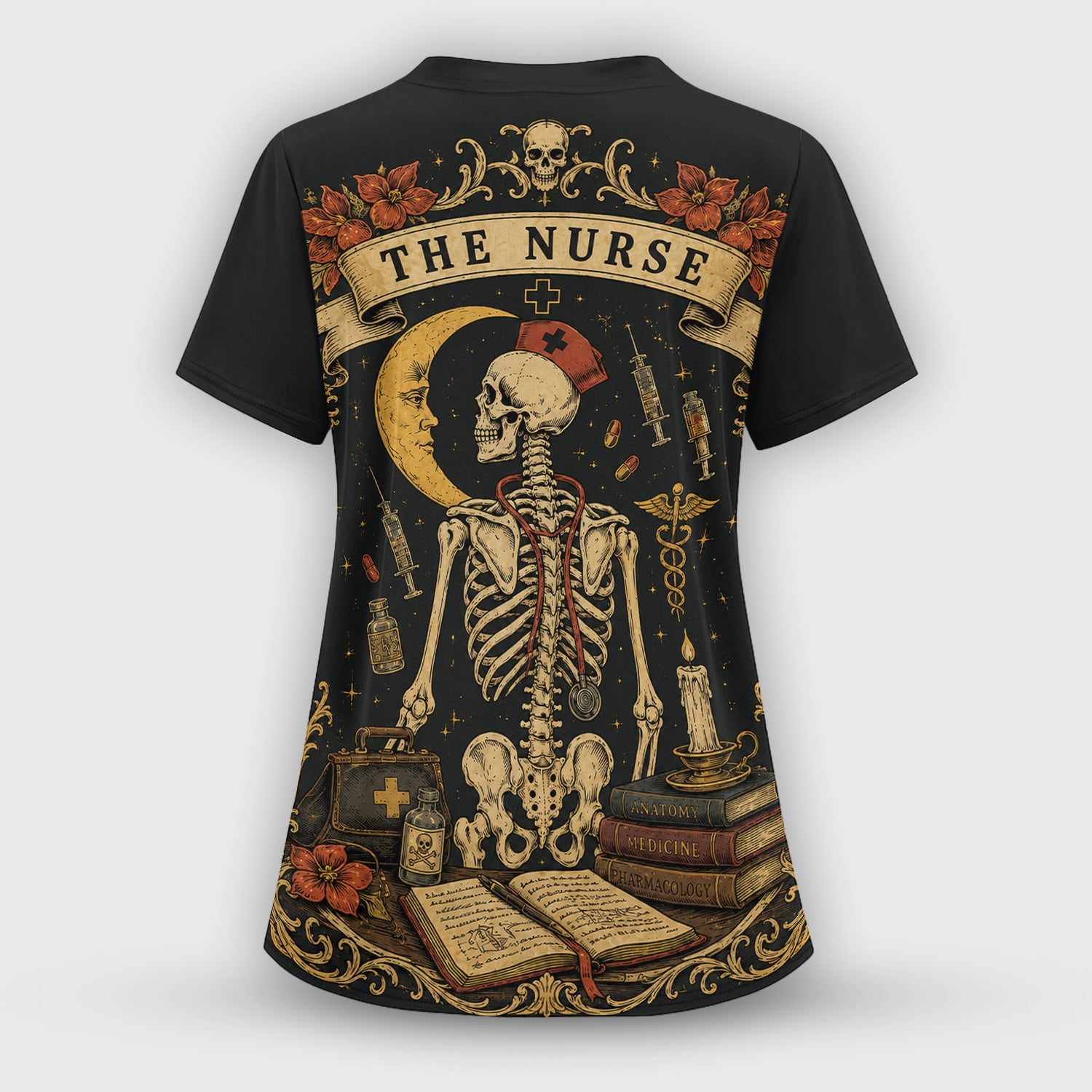 Breast Cancer Skeleton Nurse Scrub Set, Scrub Pants and V Neck Top
