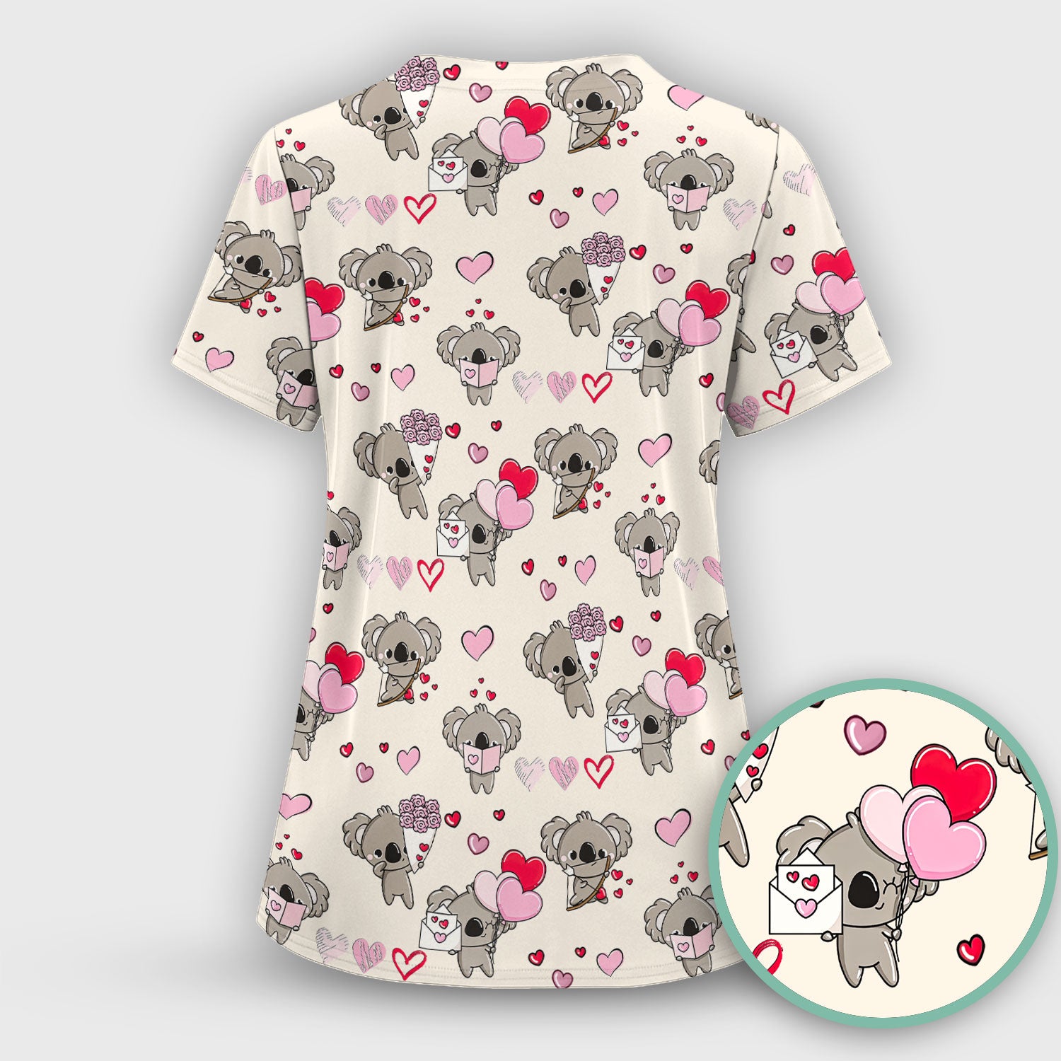 Valentine Koala Holding Flowers Cute Print Scrub Top, Comfortable Scrubs for Nurses