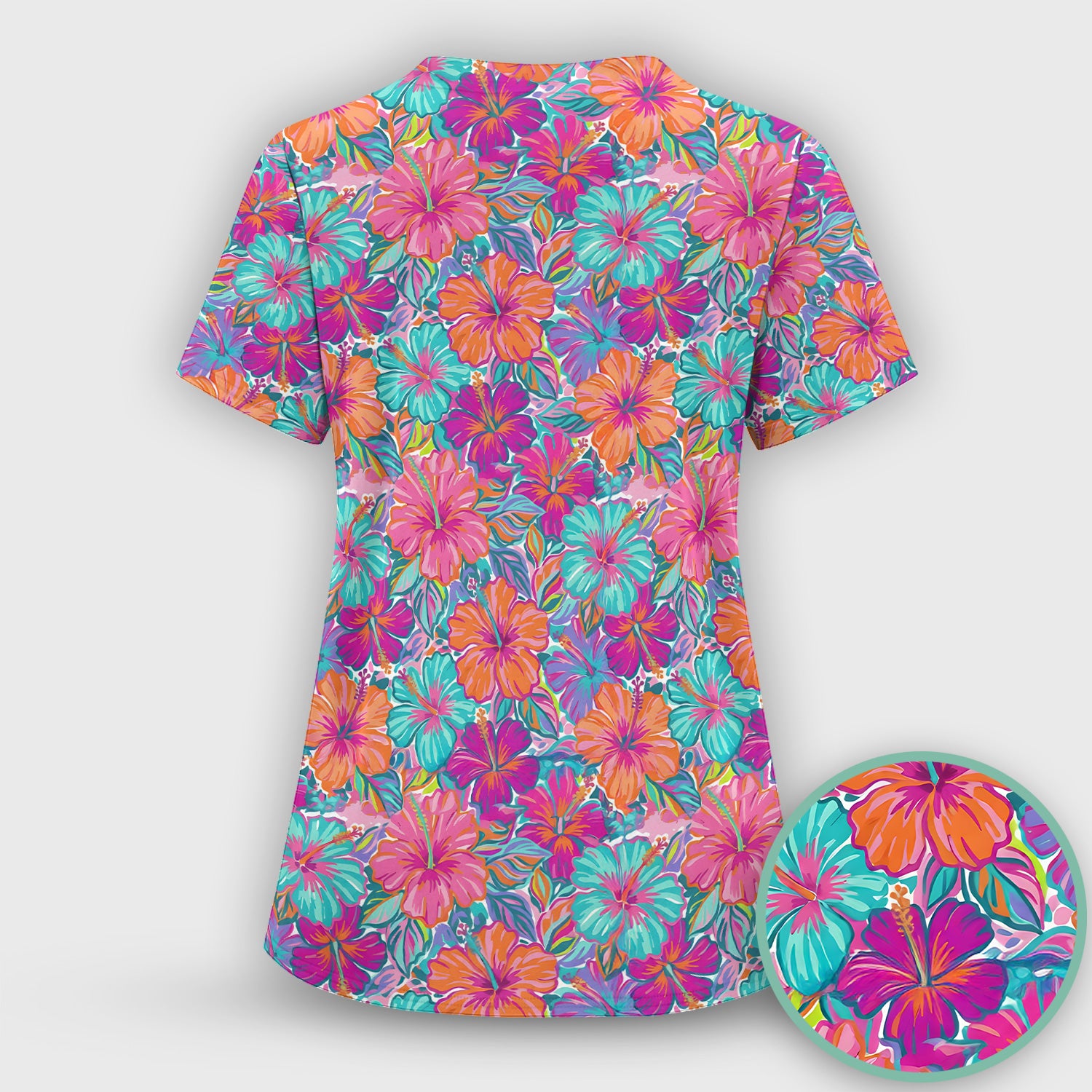 Vibrant Hibiscus Tropical Floral Pattern Scrub Top, Comfortable Scrubs for Nurses