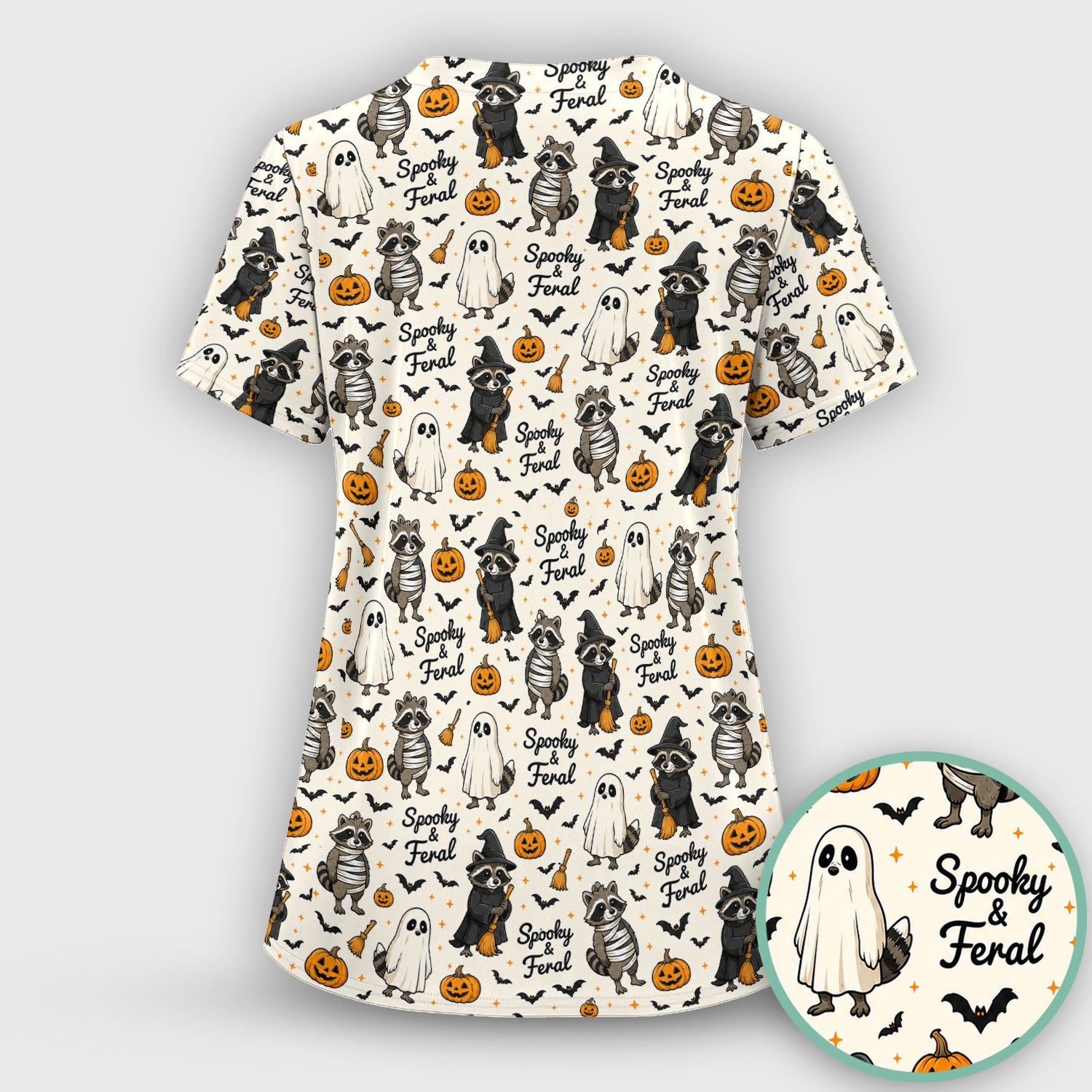 Spooky And Feral Halloween Raccoon Scrub Set, Scrub Pants and V Neck Top