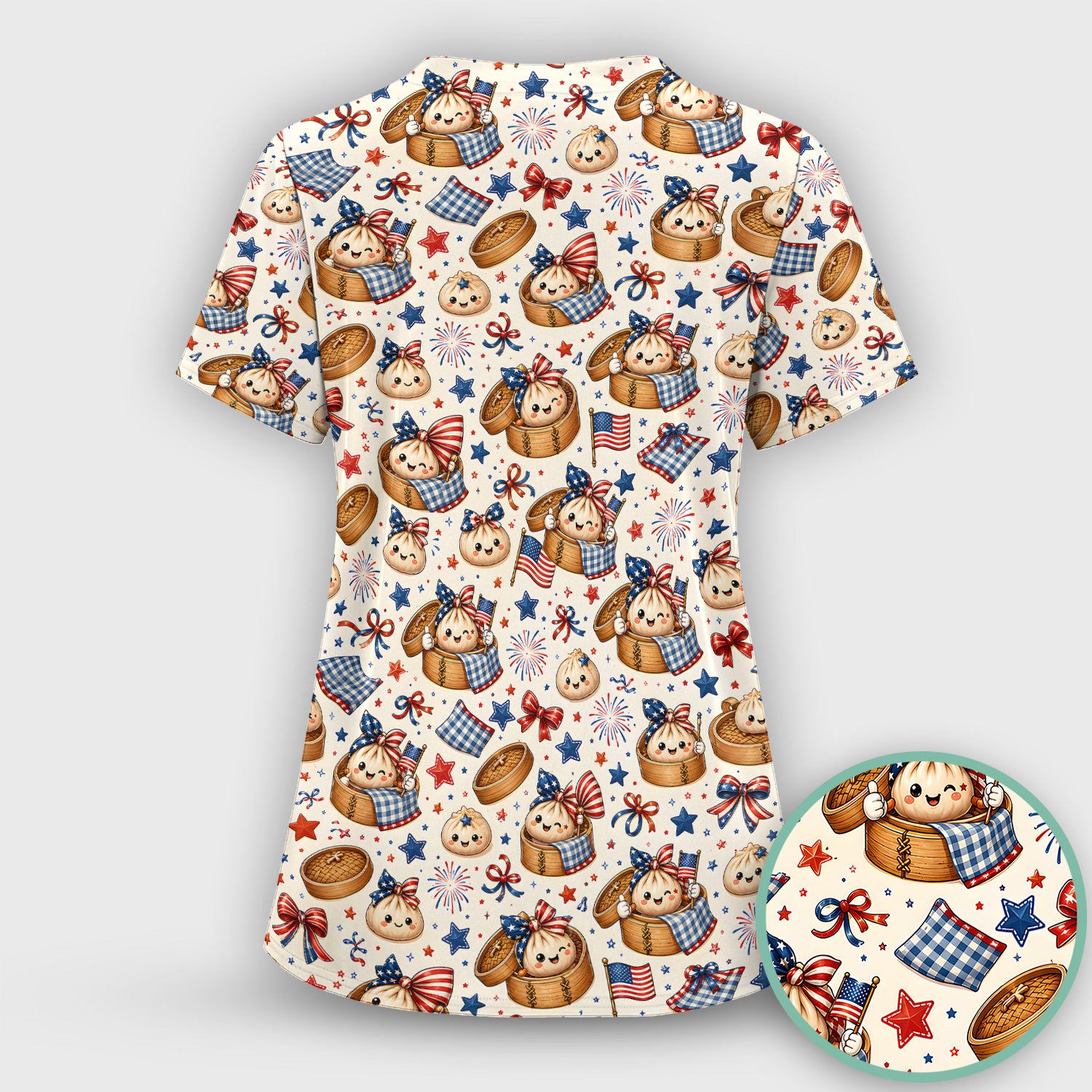 Patriotic Dumpling Nurse Pattern Scrub Set, Scrub Pants and V Neck Top