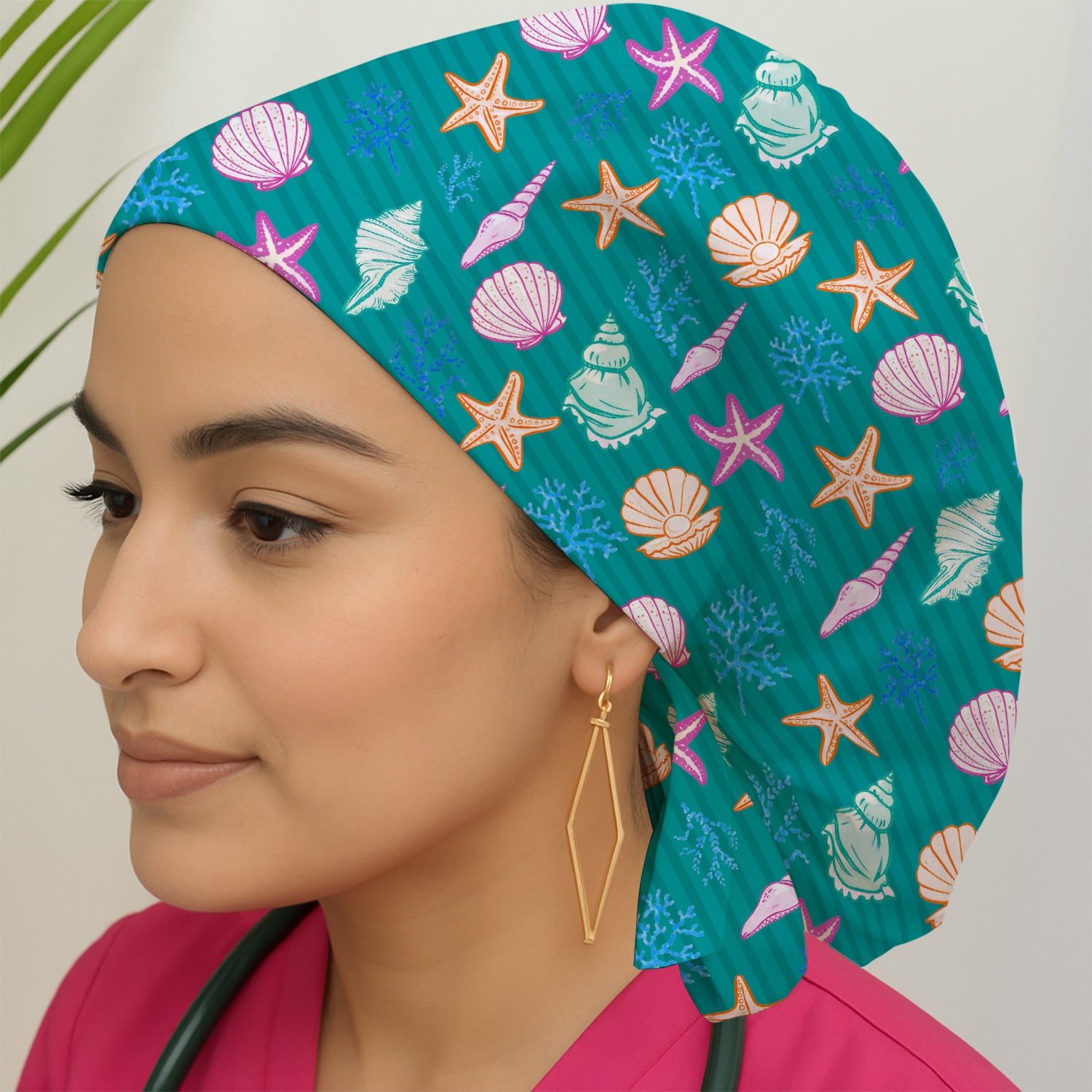 Colorful Seashell Starfish Ocean Stripe Pattern Cap, Bouffant Scrub Caps for Women