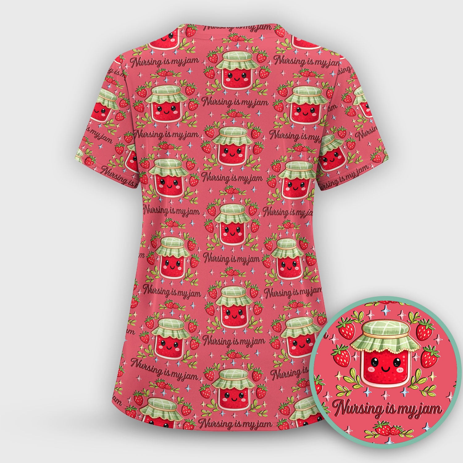 Cute Strawberry Jam Nurse Pattern Scrub Set, Breathable Med Uniform
