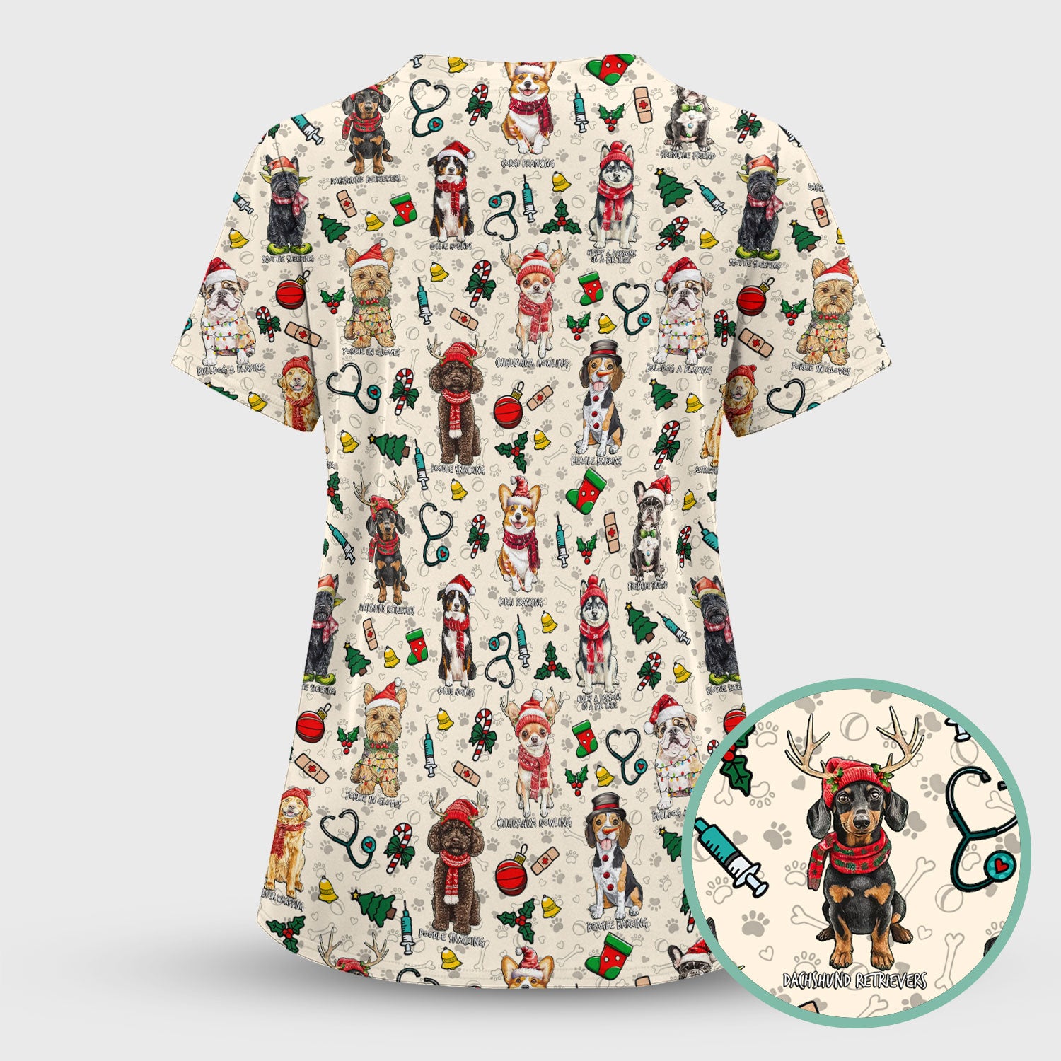 Christmas Dog Scrubs for Nurses – Dachshund, Husky, Poodle, Corgi & Labrador Holiday Scrub Top – Funny Santa Pattern Medical Shirt