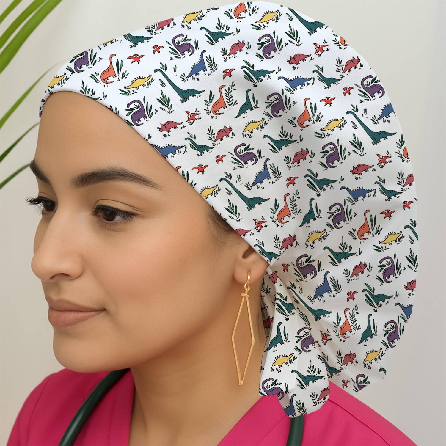 Cute Dinosaur Leafy Garden Pattern Scrub Cap, Surgical Caps for Doctors