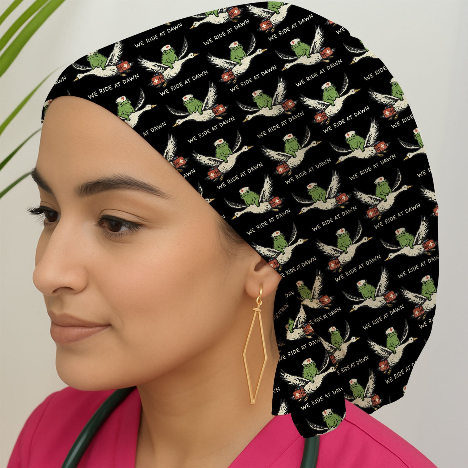 Funny Frog Riding Goose Nurse Pattern Cap, Bouffant Scrub Caps for Women