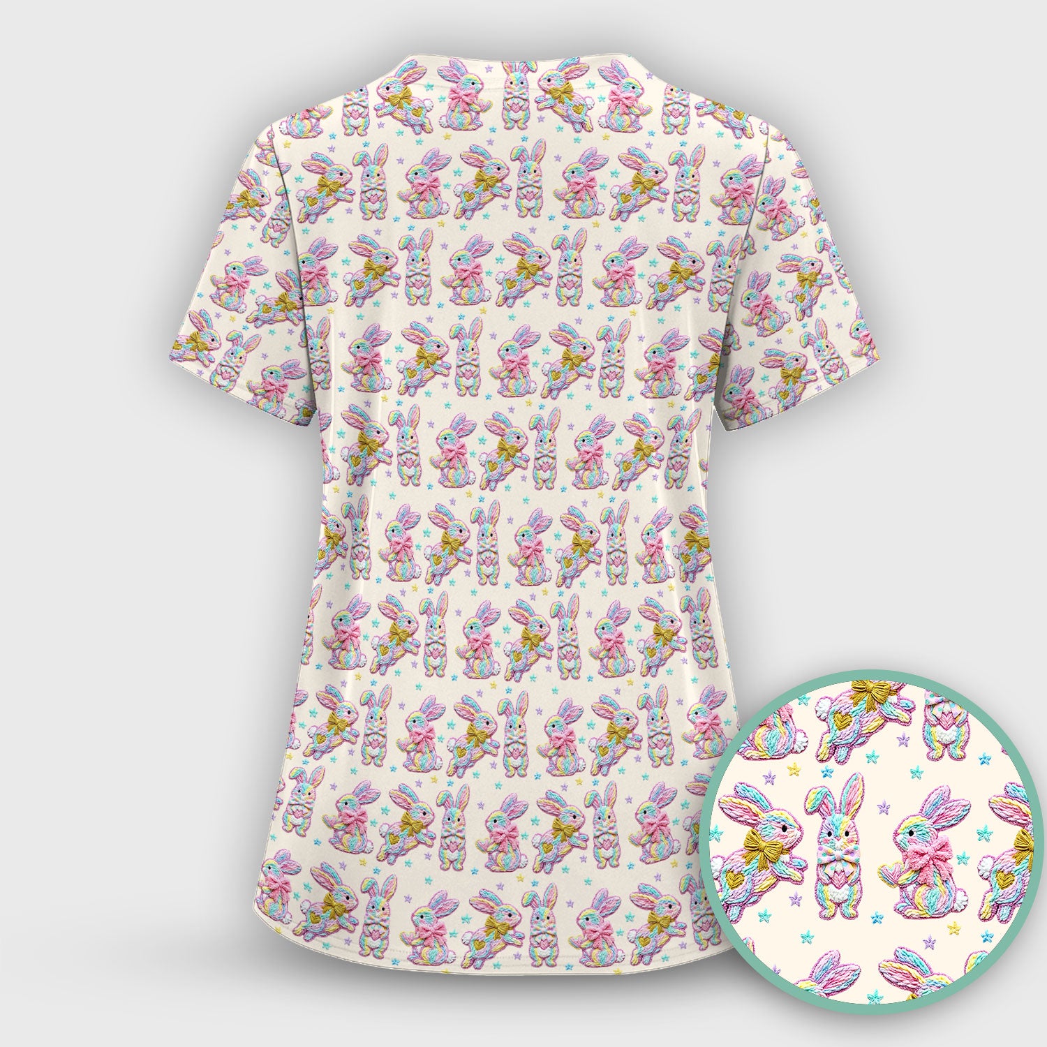 Cartoon Bunny All Over Print Scrub Top, Comfortable Scrubs for Nurses, Easter