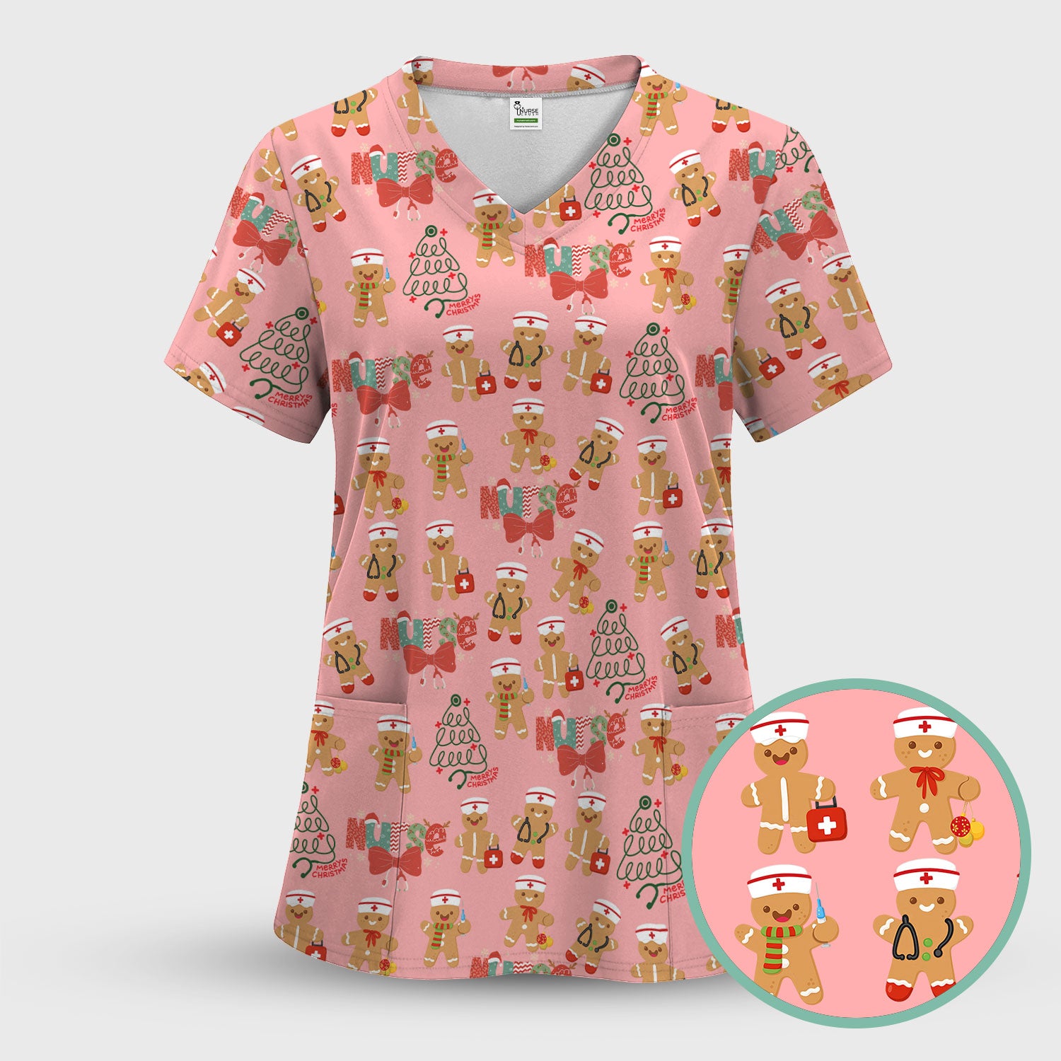 Christmas Nurse Scrub Top - Gingerbread Cookie Holiday Shirt - Medical Gift for CNA RN LPN Healthcare Workers