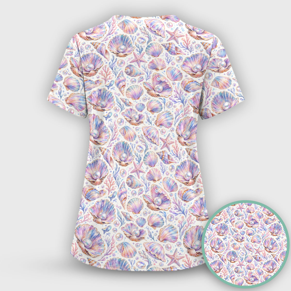 Pastel Seashell And Pearl Pattern Scrub Top, Comfortable Scrubs for Nurses