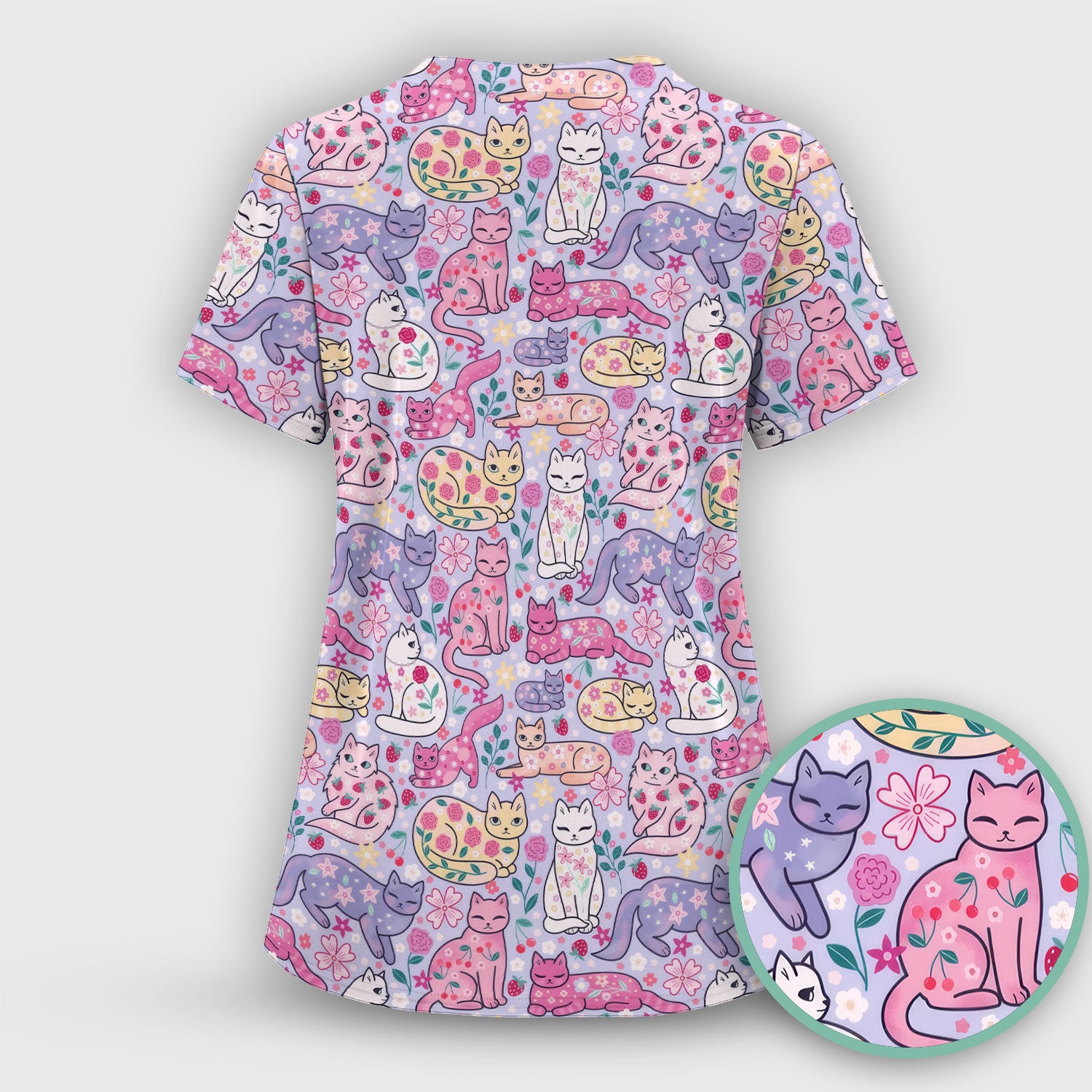 Funny Colorful Pastel Cats Floral Strawberry Print Scrub Top, Breathable Fabrics Nursing Uniform