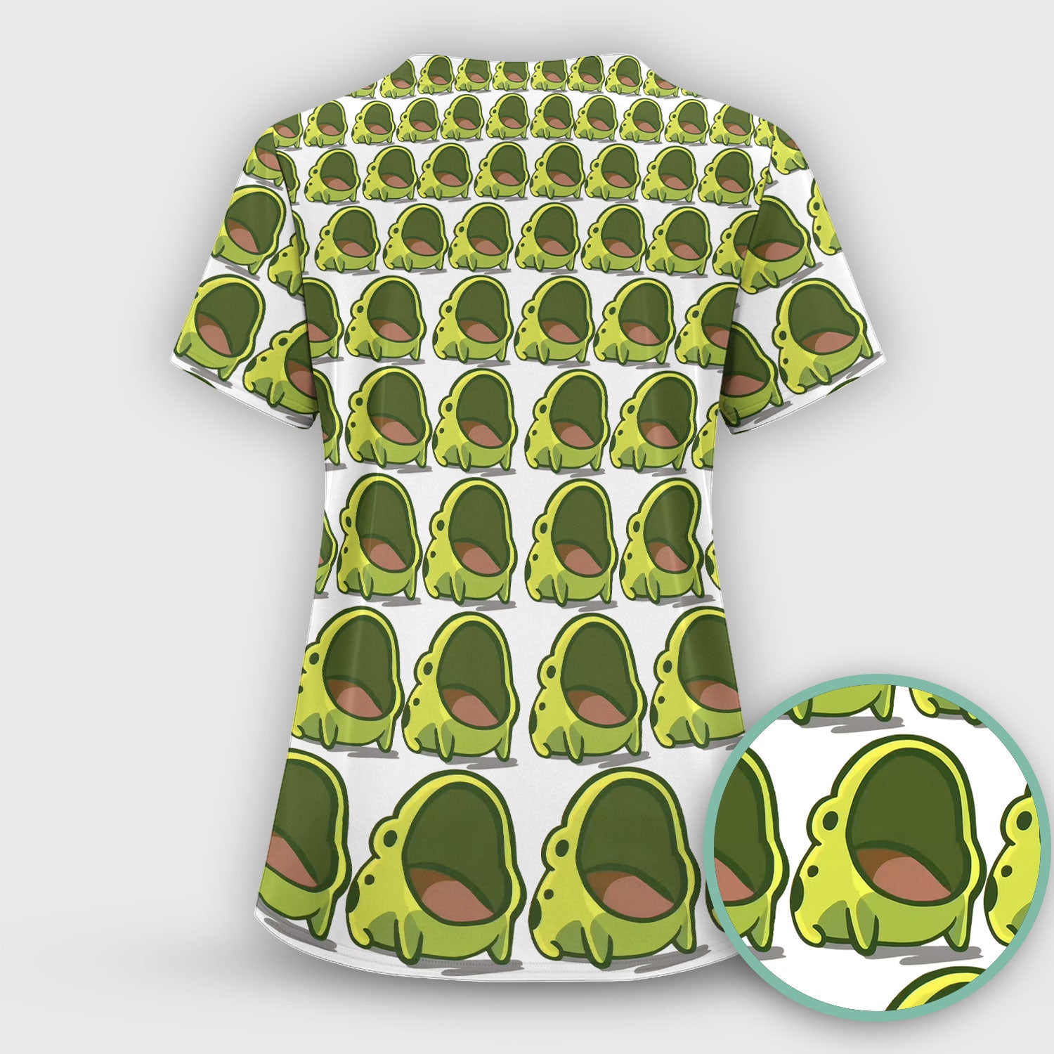 Cute Green Frog Cartoon Pattern Scrub Top, Breathable Fabrics Nursing Uniform