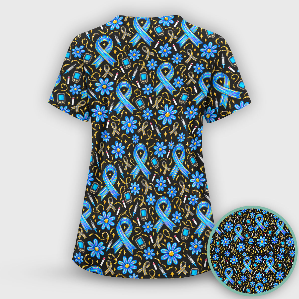Diabetes Awareness Ribbon Pattern Scrub Top, Comfortable Scrubs for Nurses