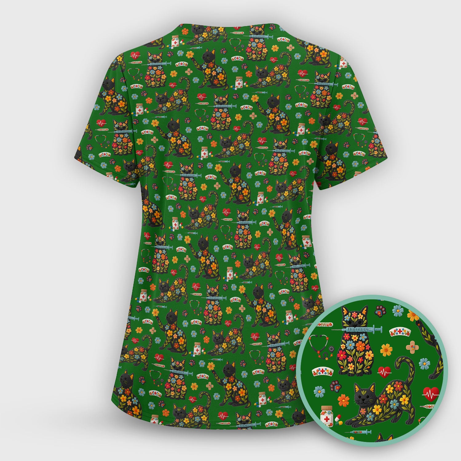Floral Black Cat Pattern Scrub Top, Cute Cat Nurse Scrub Shirt, Medical Nursing Uniform