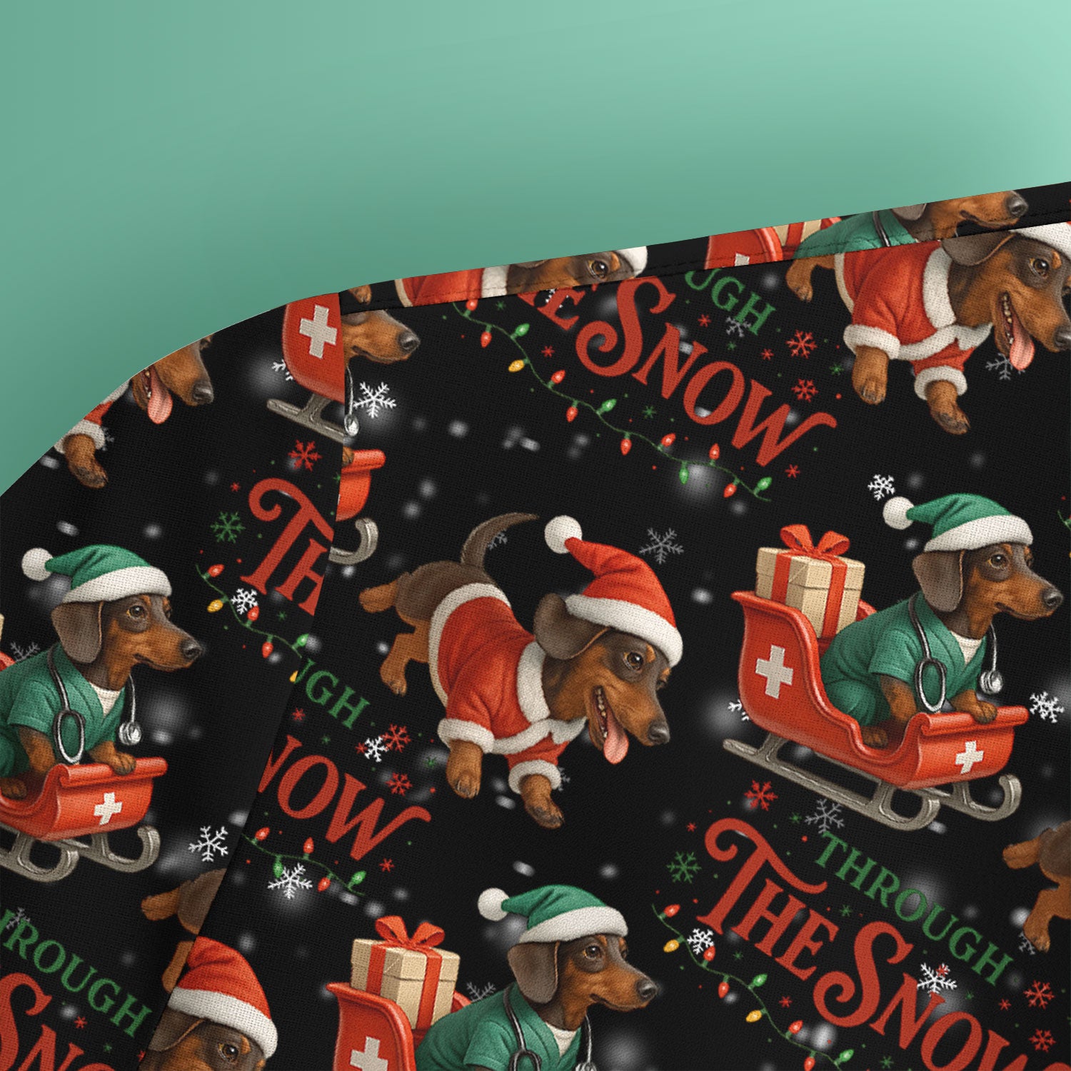 Dachshund Christmas Scrub Top, Cute Dog Nurse Scrub Shirt, Through The Snow Pattern Nursing Uniform