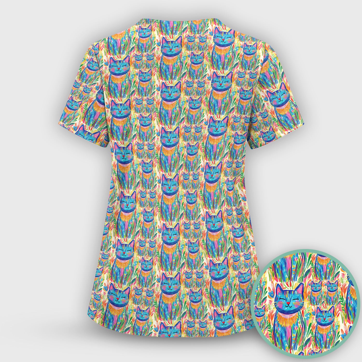 Colorful Rainbow Cat With Floral Brushstroke Scrub Set, Scrub Pants and V Neck Top
