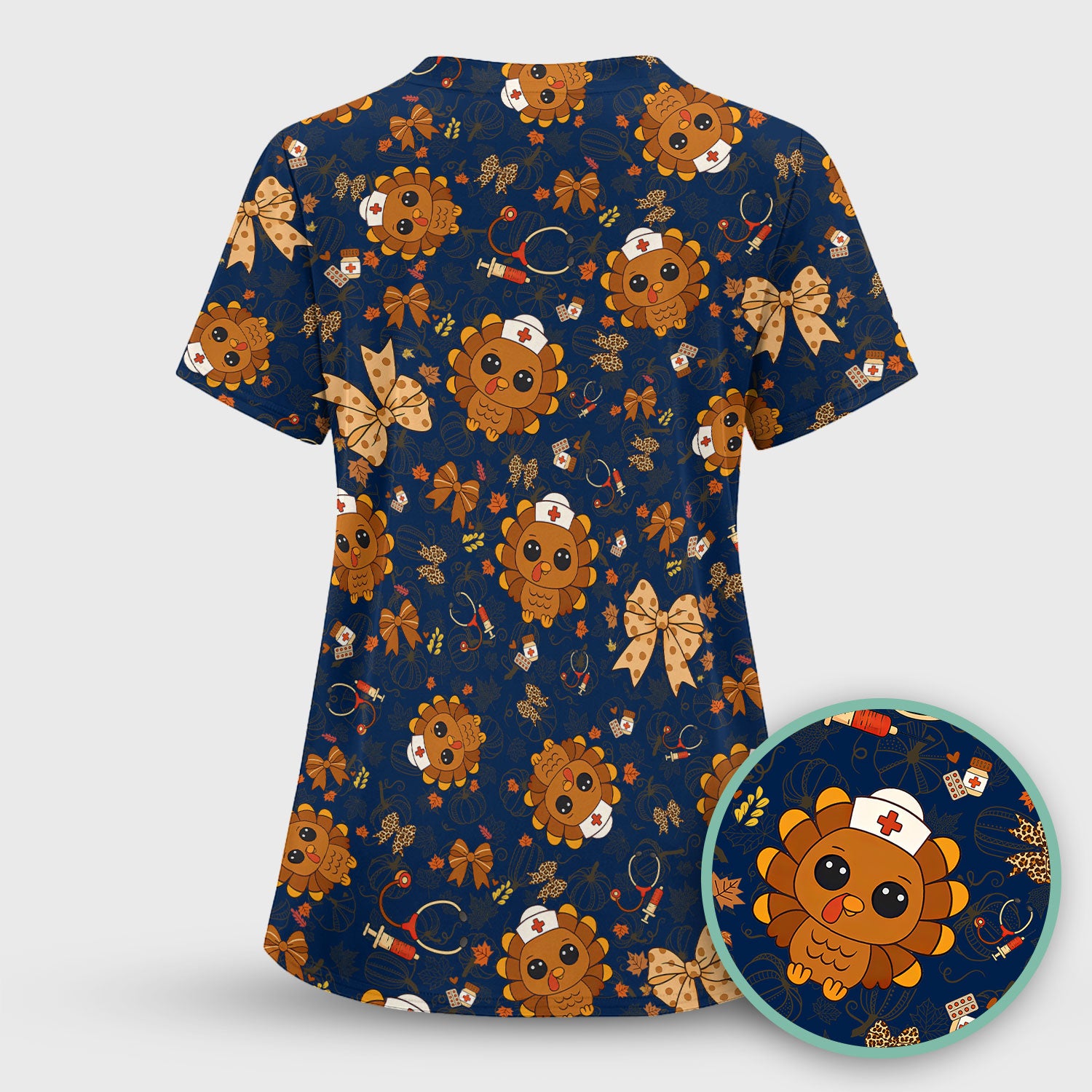 Thanksgiving Turkey Nurse Scrub Top for Women - Cute Fall Leaves and Bow Shirt - Autumn Medical Shirt Gift for RN CNA LPN Doctor