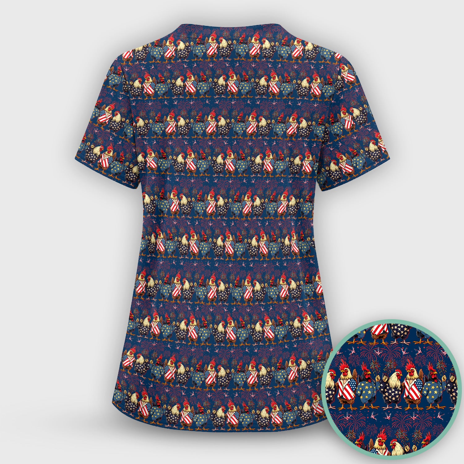 Patriotic Rooster Fireworks Pattern Scrub Set, Scrub Pants and V Neck Top