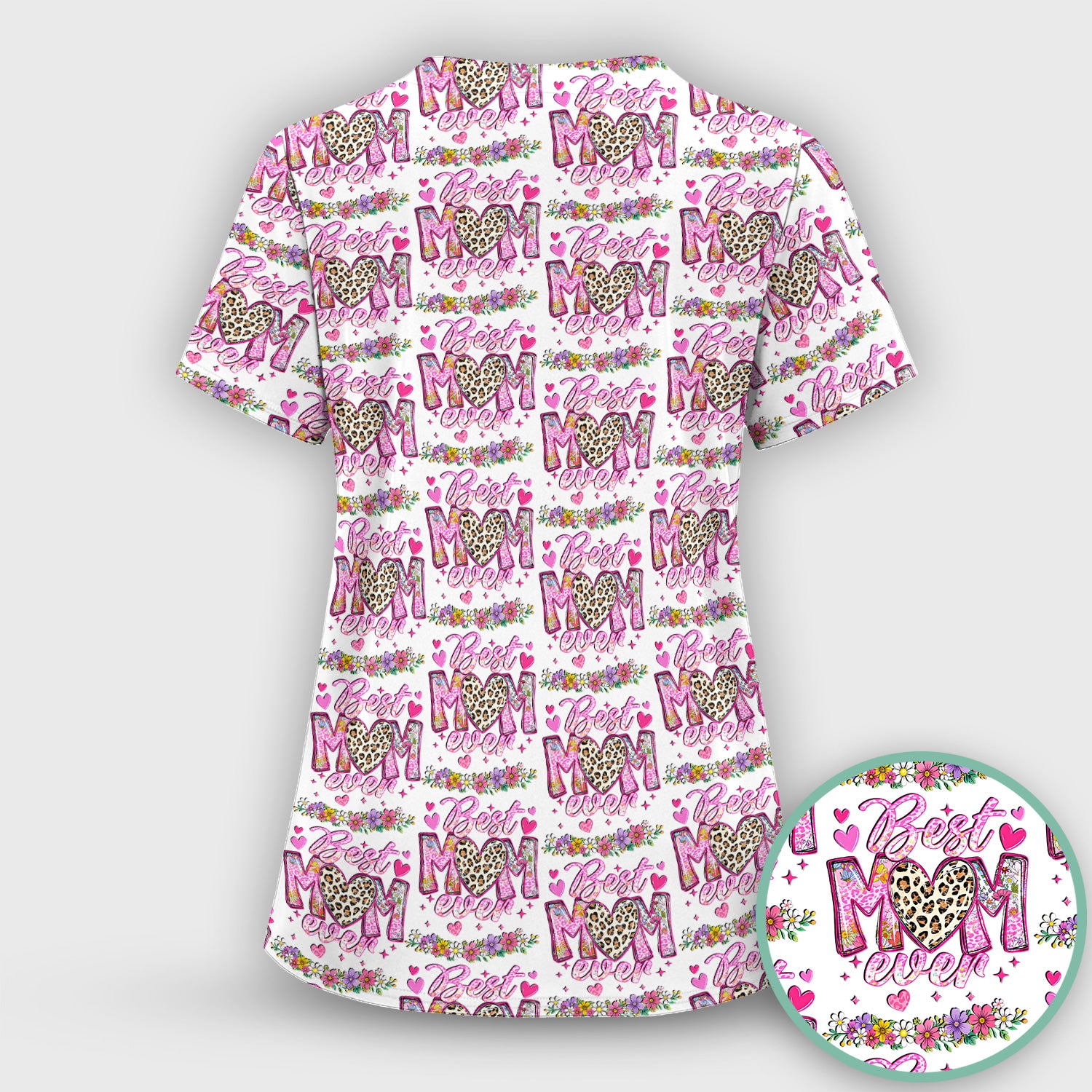 Best Mom Ever Leopard Heart Floral Pattern Scrub Set, Nurse Uniform Scrubs Set