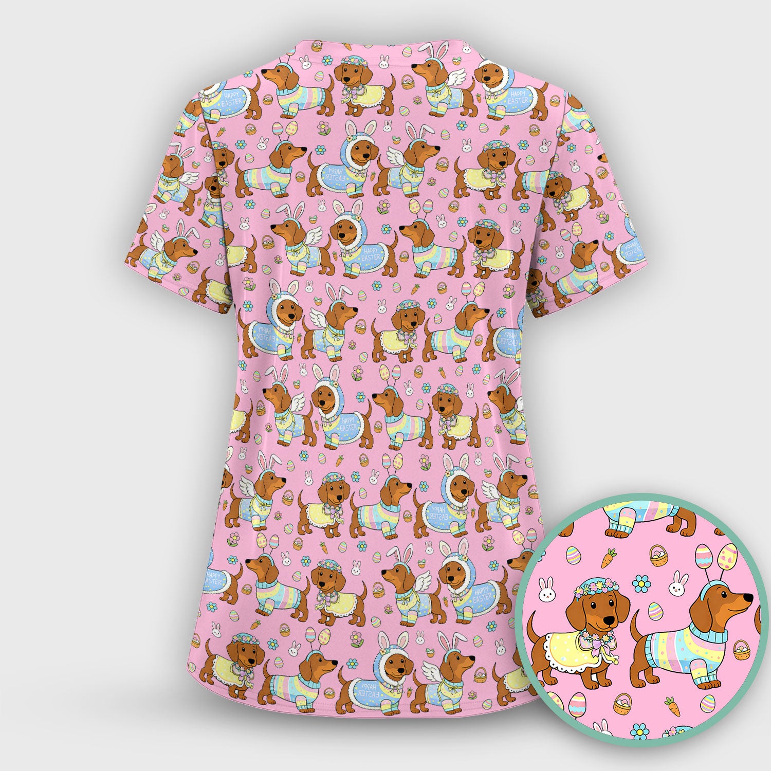 Easter Dachshund Bunny Print Scrub Top, Breathable Fabrics Nursing Uniform