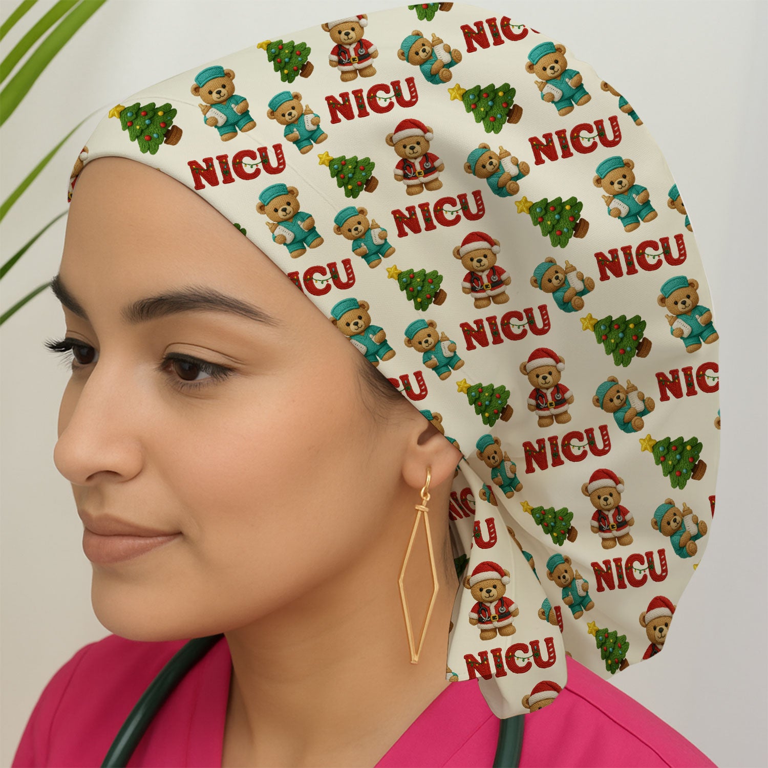 Festive Christmas NICU Nurse Teddy Bear Pattern Print Cap, Bouffant Scrub Caps for Women