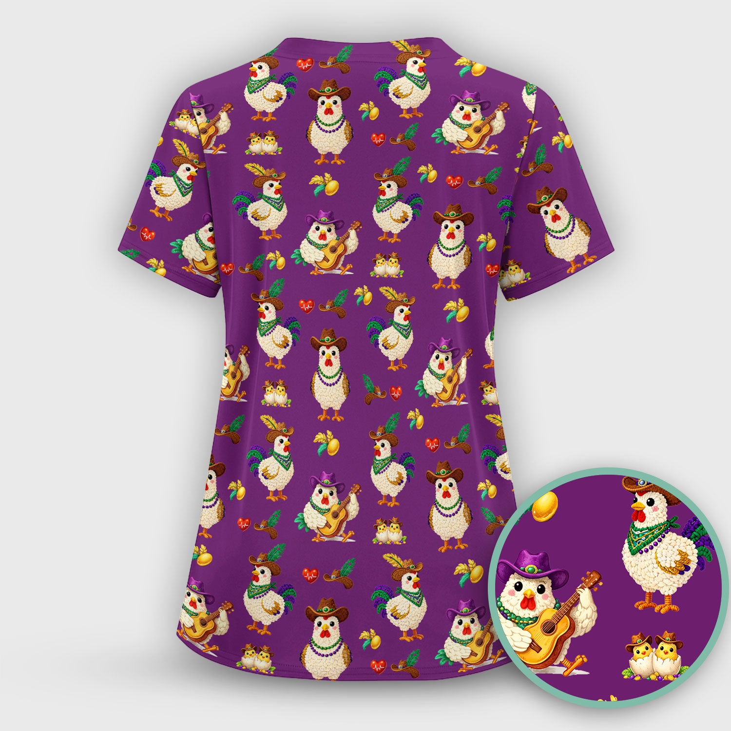 Funny Mardi Gras Rooster Cowboy Print Scrub Top, Comfortable Scrubs for Nurses