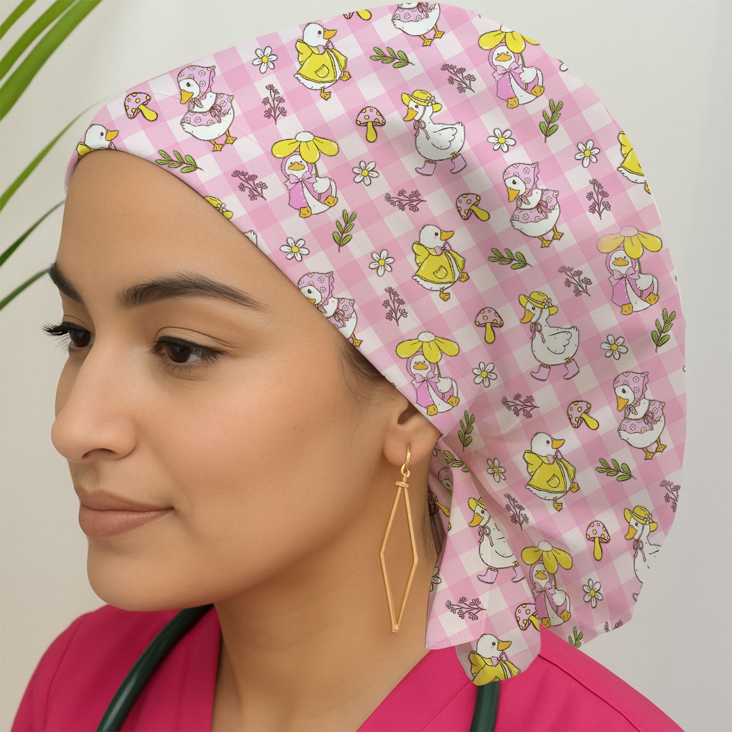 Cute Duck Outfit Gingham Pattern Scrub Cap, Bouffant Scrub Caps for Women