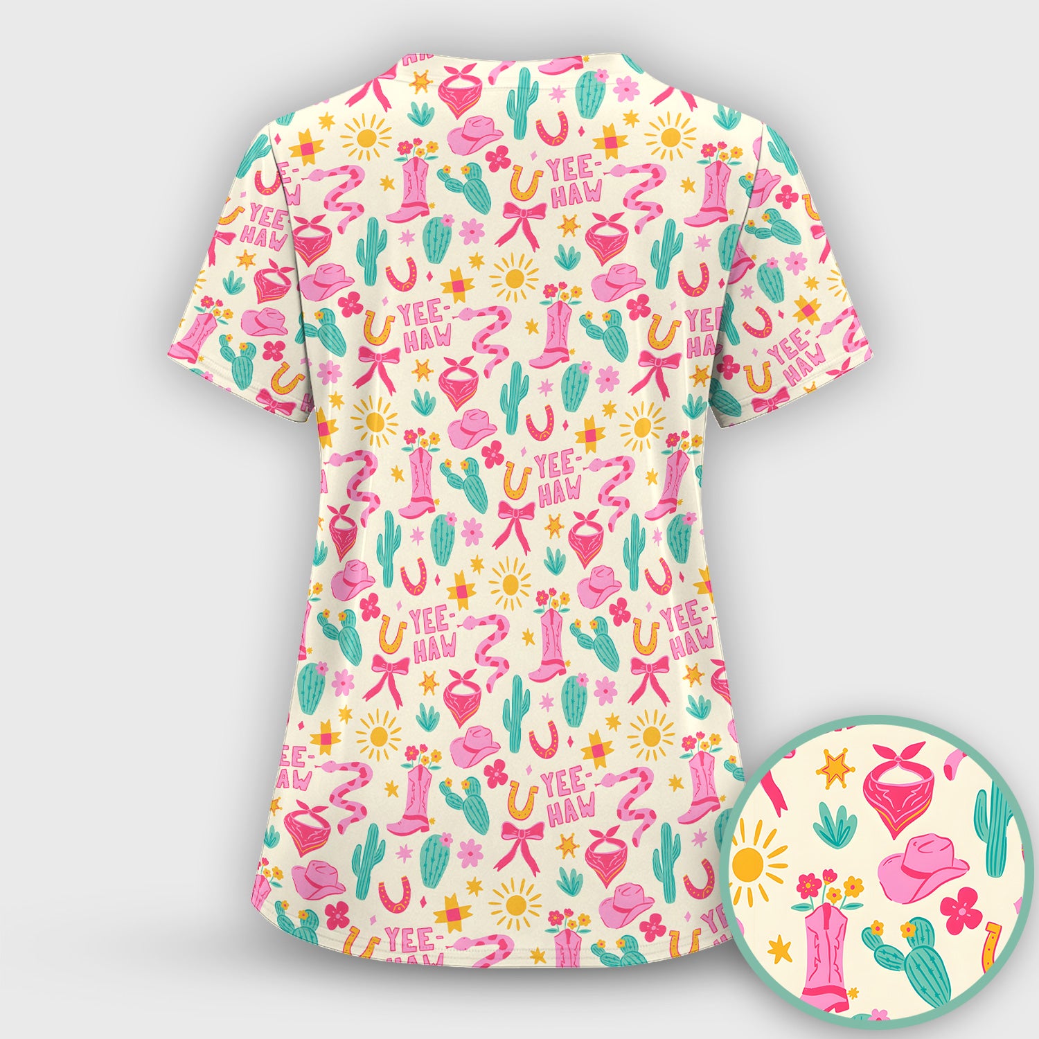 Pink Western Cowgirl Nurse Pattern Scrub Set, Scrub Pants and V Neck Top
