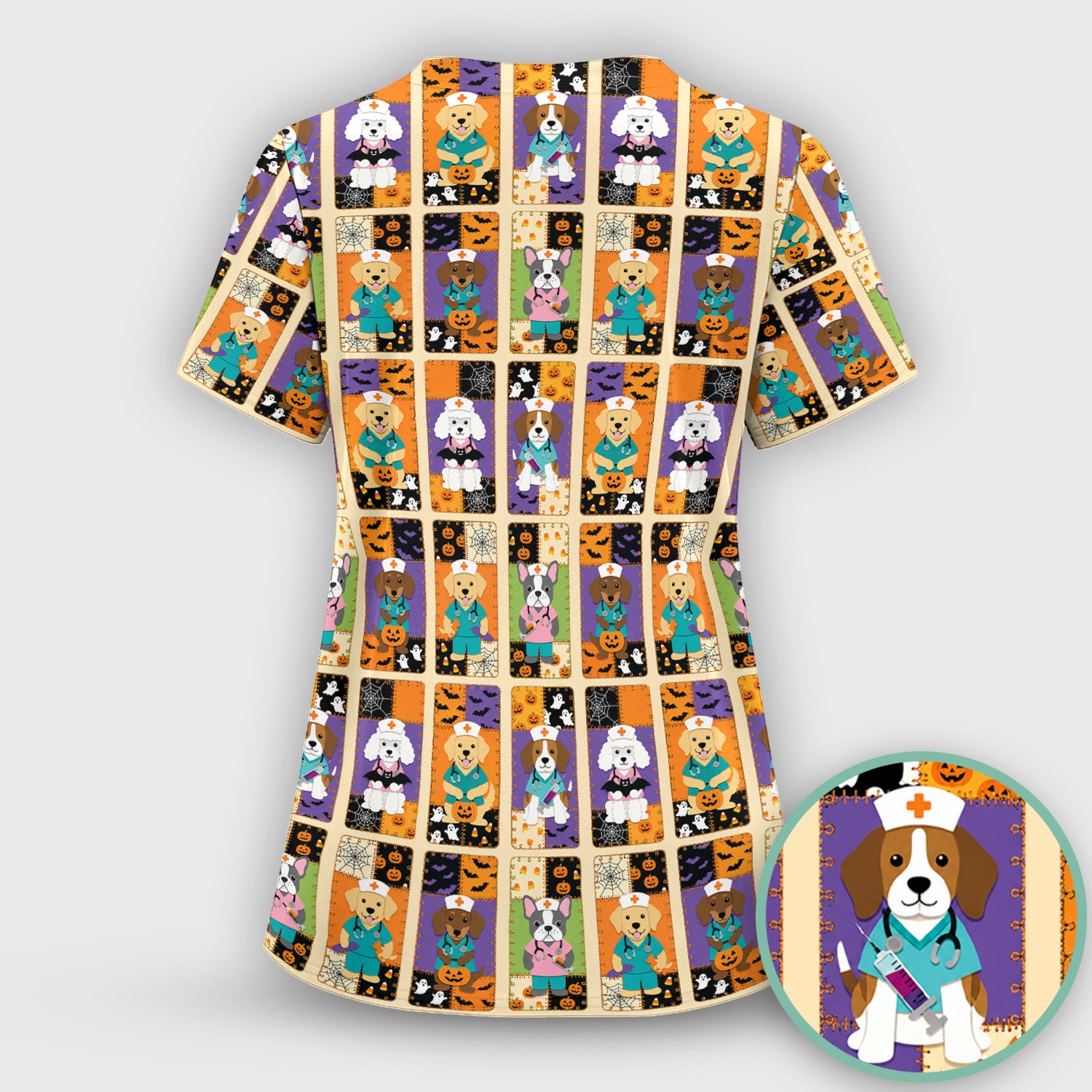 Spooky Halloween Dog Veterinary Scrub Set, Scrub Pants and V Neck Top