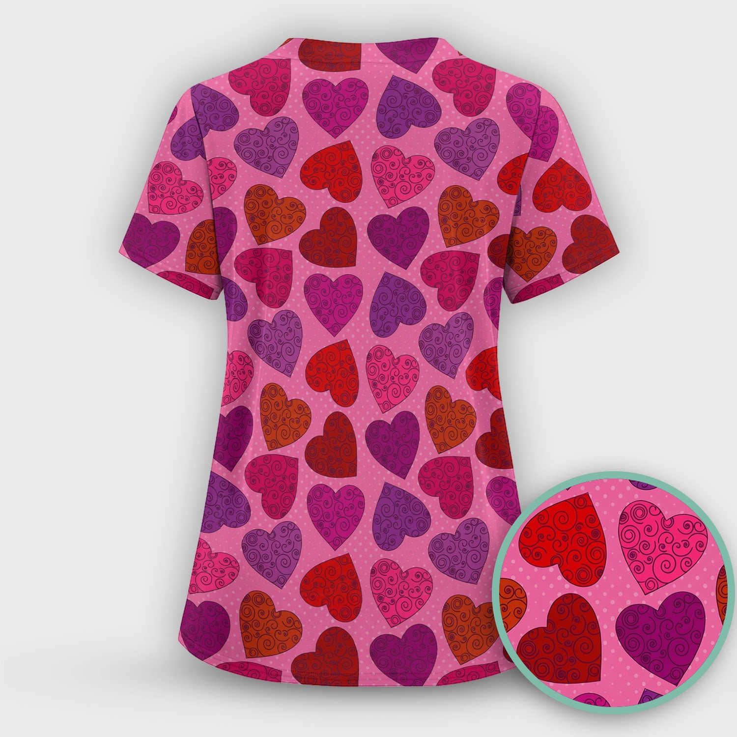 Women’s Pink Heart Scrub Top, Valentine Heart Pattern Nurse Shirt, Comfortable Scrubs For Nursing