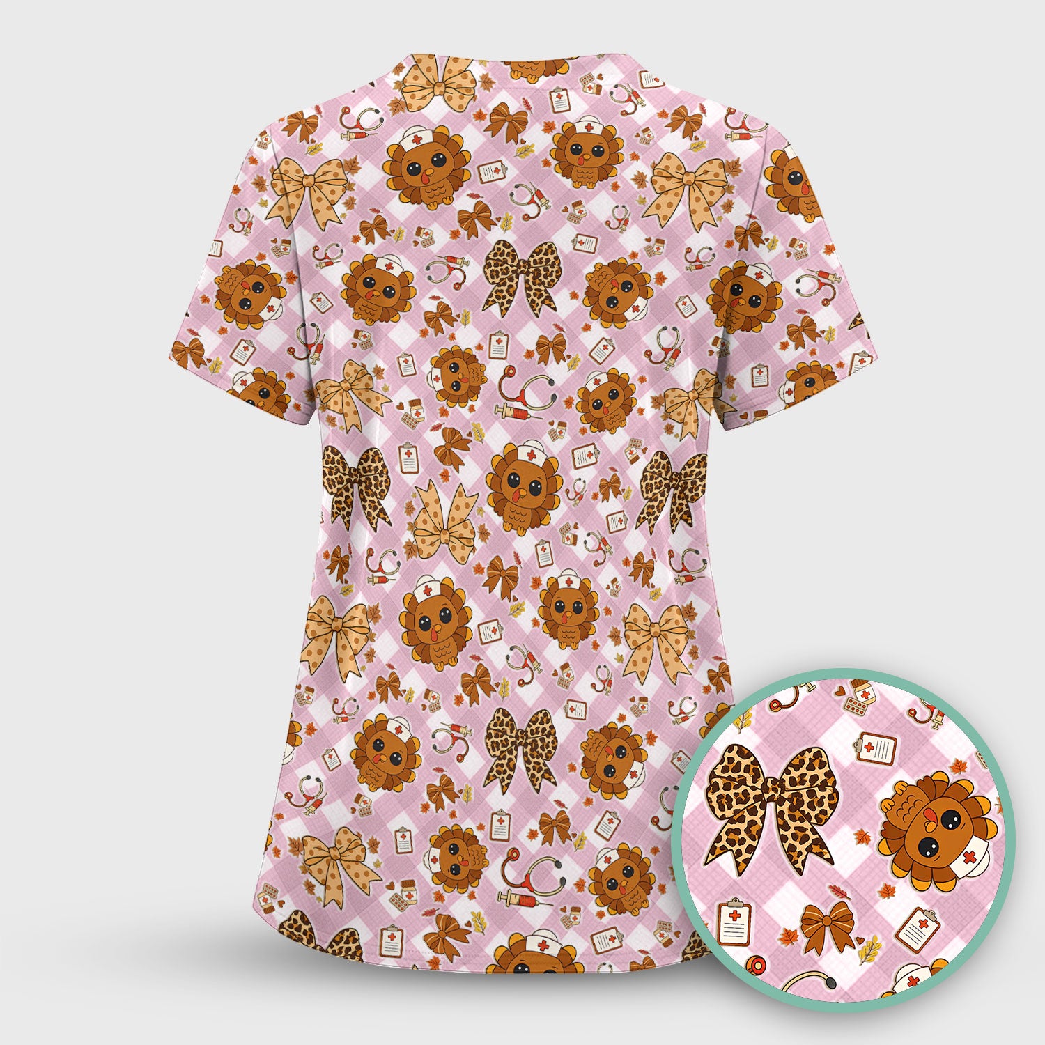 Thanksgiving Turkey Scrub Top for Nurses - Cute Fall Leaves and Bow Shirt - Funny Autumn Nursing Gift for Women RN LPN CNA