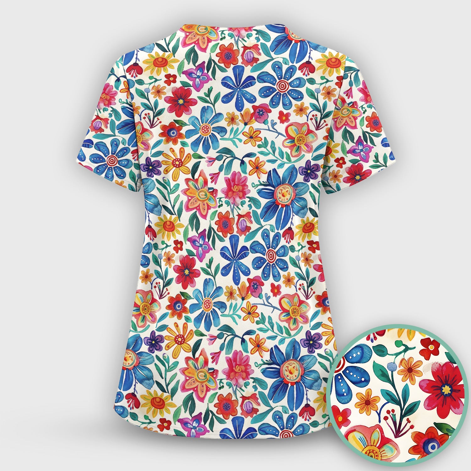 Colorful Folk Floral Print Scrub Set, Scrub Pants and V Neck Top