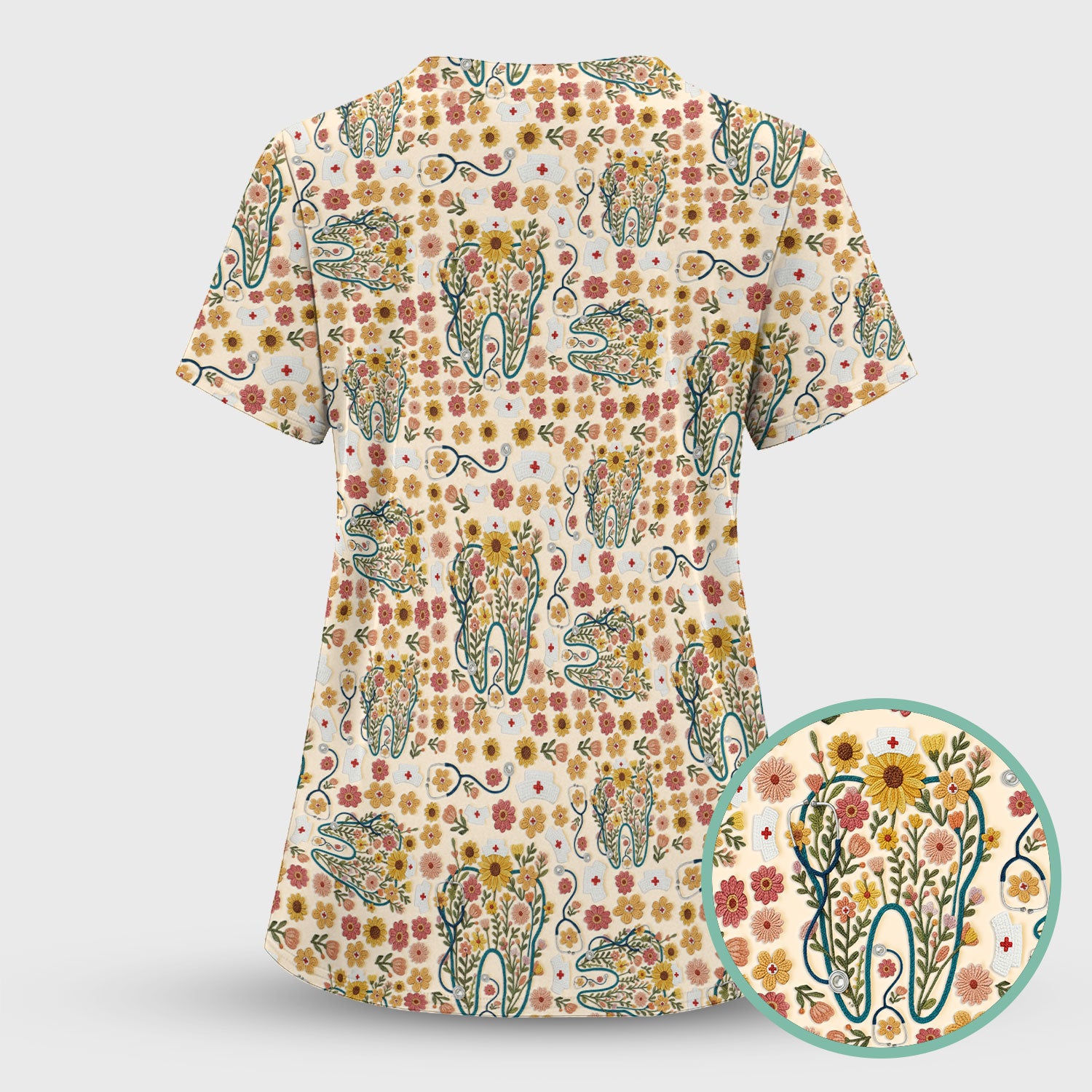 Boho Floral Tooth Scrub Top - Aesthetic Dental Scrubs for Women - Cute Flower Tooth Pattern Medical Uniform - Hygienist Christmas Gift