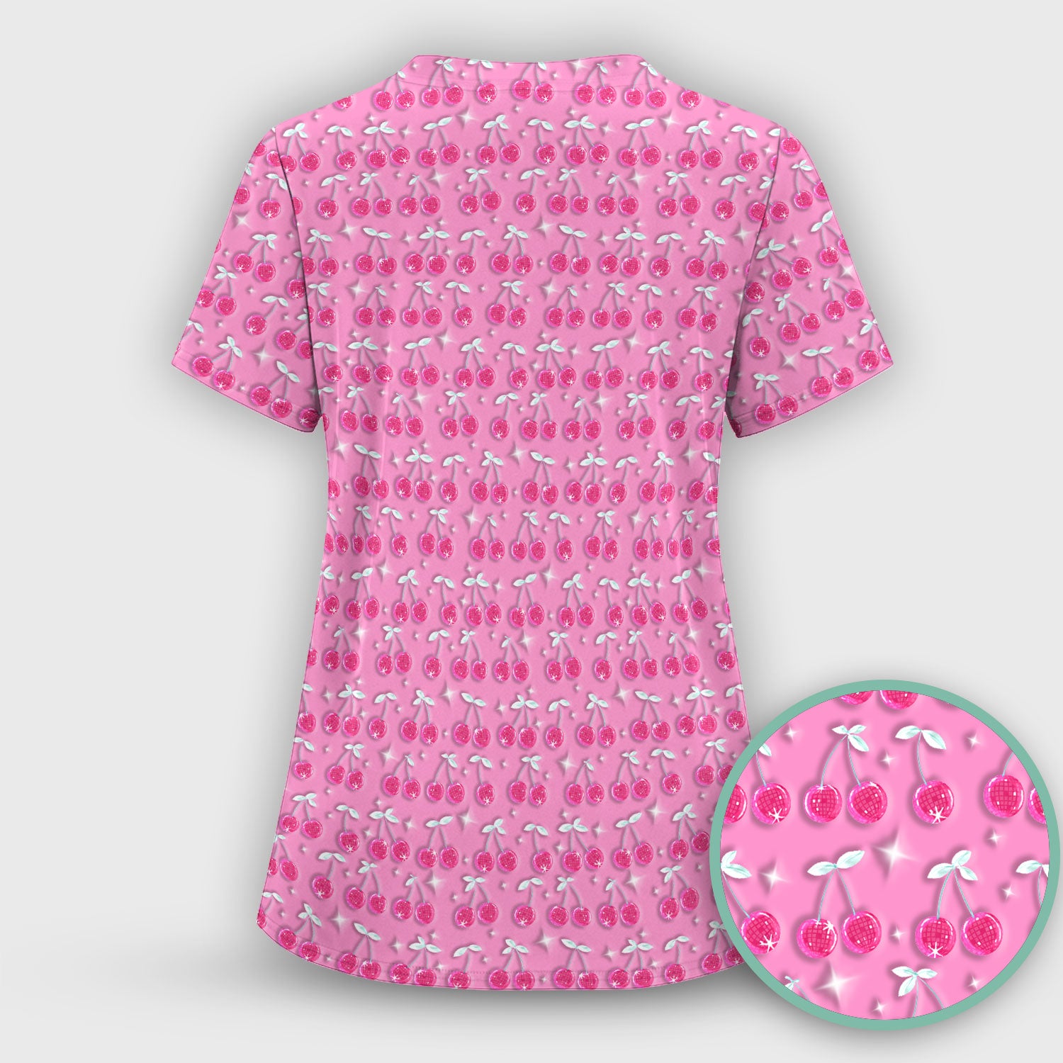Pink Cherry Sparkle Print Scrub Top, Comfortable Scrubs for Nurses
