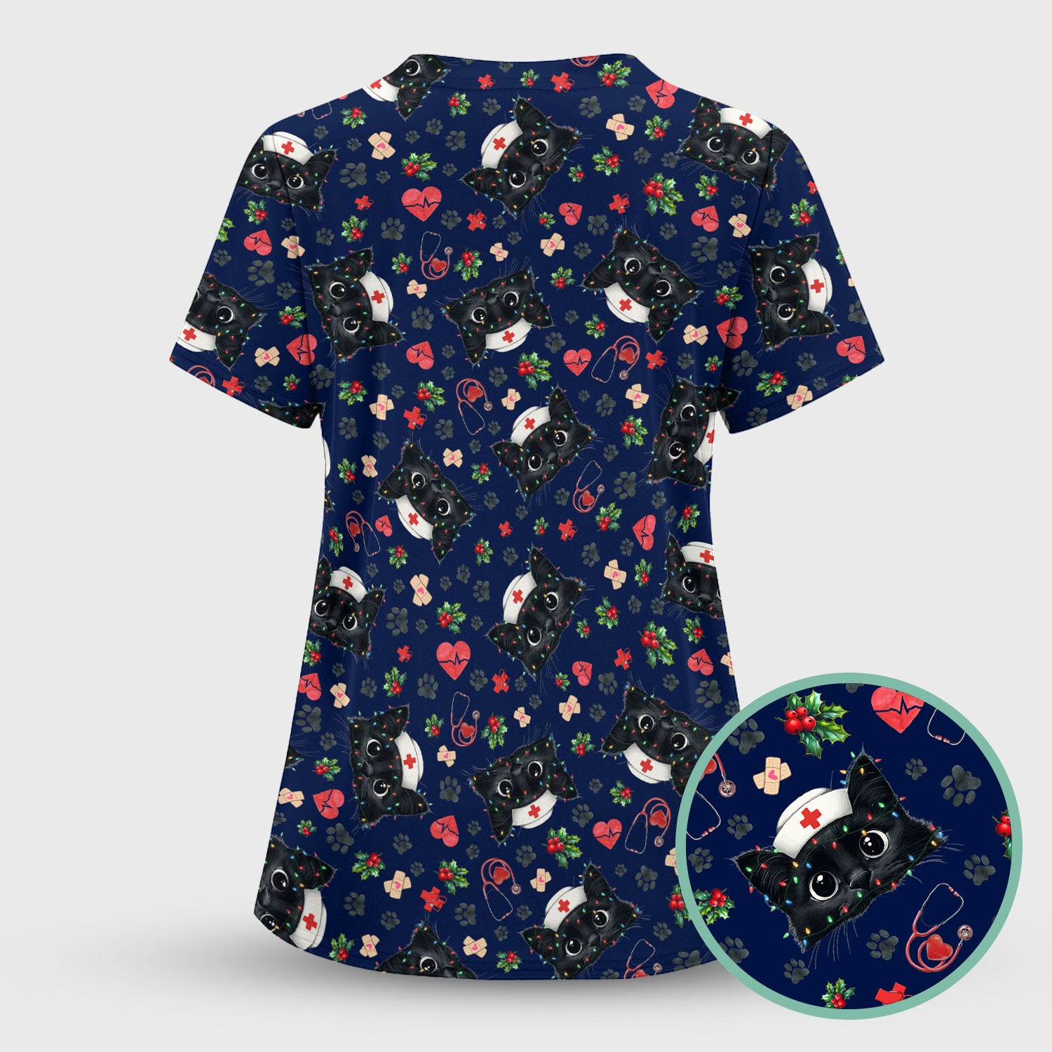 Funny Cats Scrub Top for Nurses - Black Kittens Christmas Medical Uniform - Jolly Holiday Gift for RN CNA LPN
