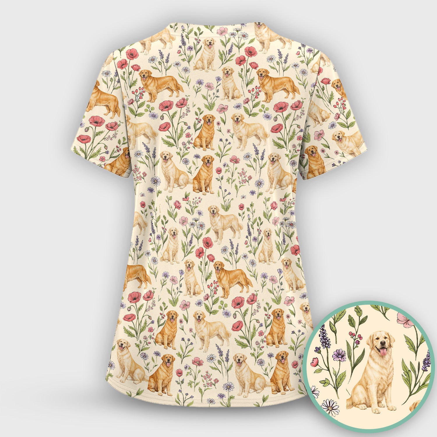Cute Golden Retriever Floral Pattern Scrub Top, Breathable Fabrics Nursing Uniform