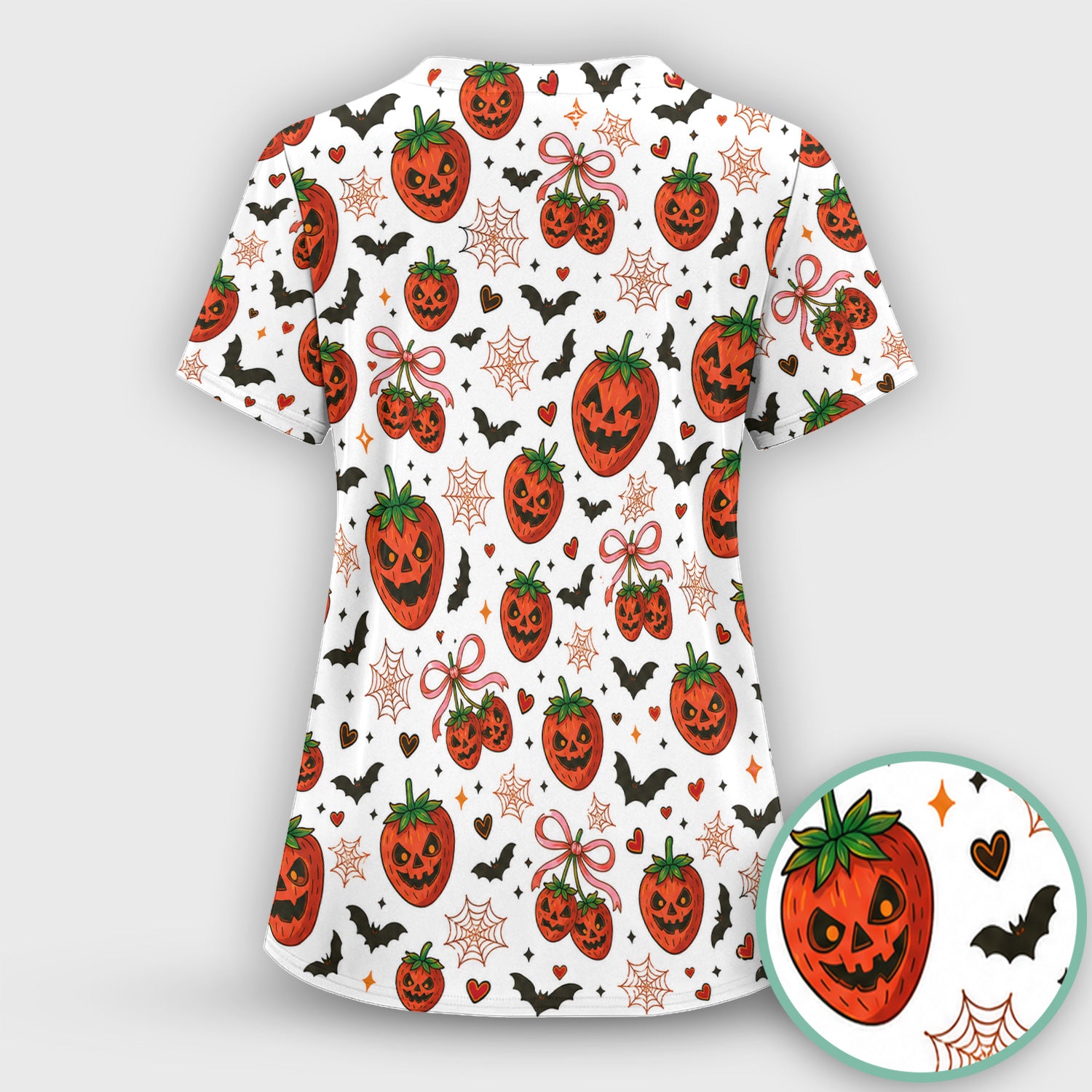 Sweet Halloween Strawberry Jack O Lanterns Scrub Set, Scrub Pants and V Neck Top
