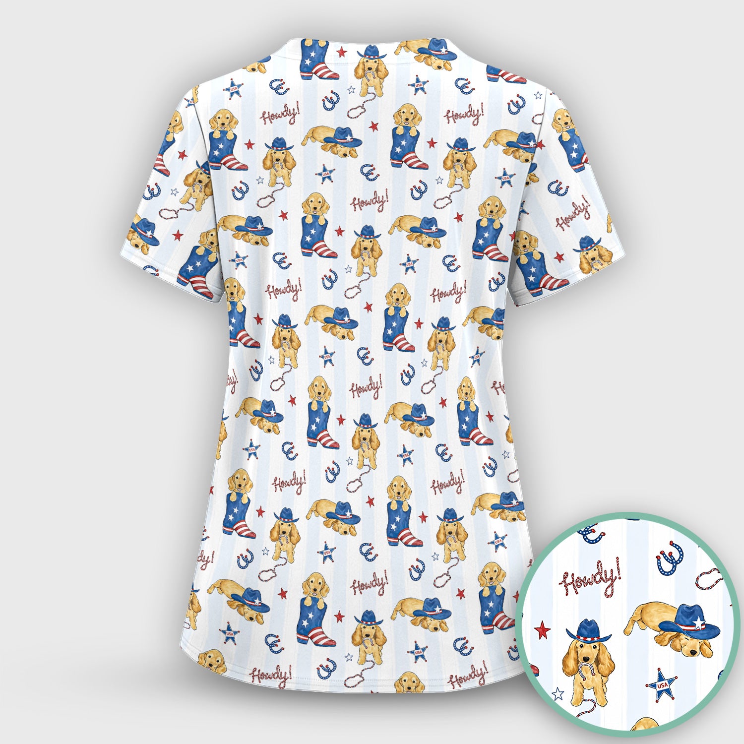 Patriotic Howdy Golden Dog Western Pattern Scrub Set, Scrub Pants and V Neck Top