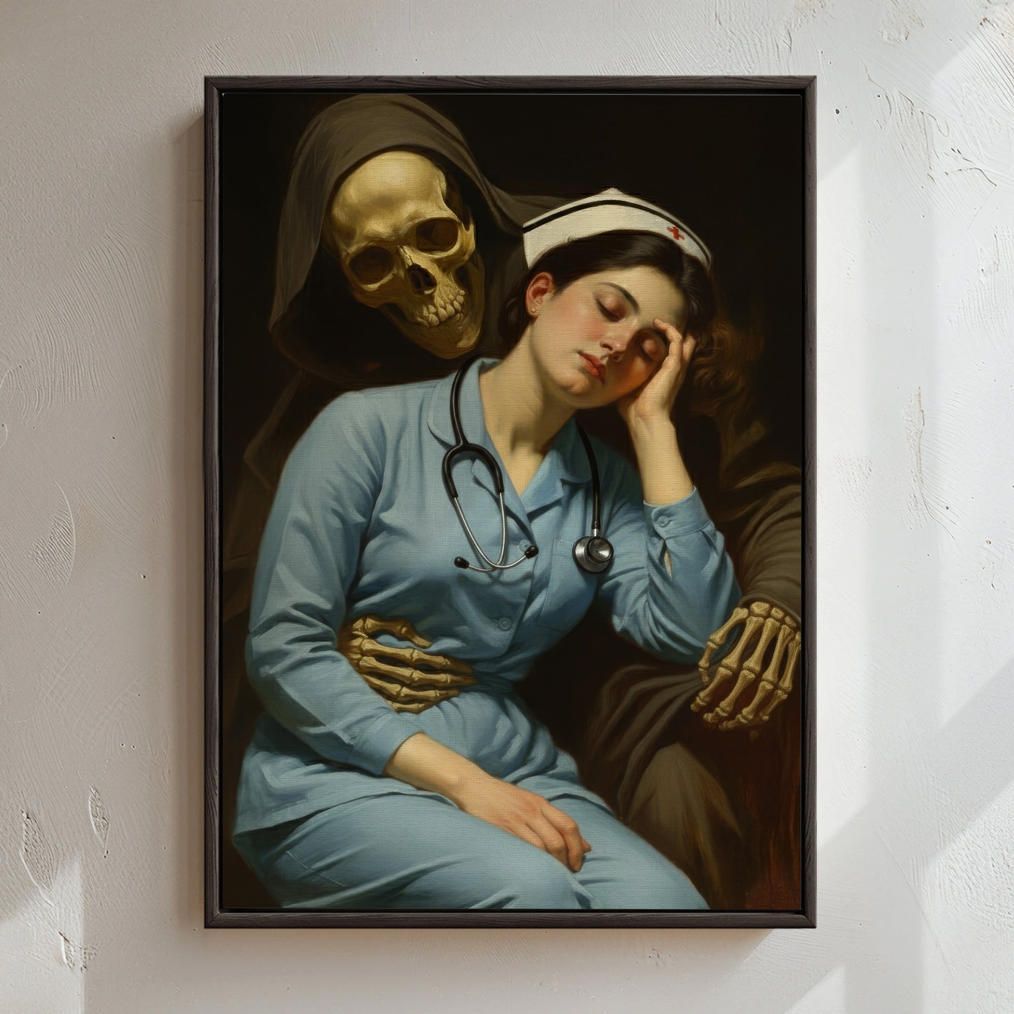 Funny Gothic Nurse and Grim Reaper Canvas, Dark Humor Classic Art Style Wall Decor, RN LPN CNA Gift