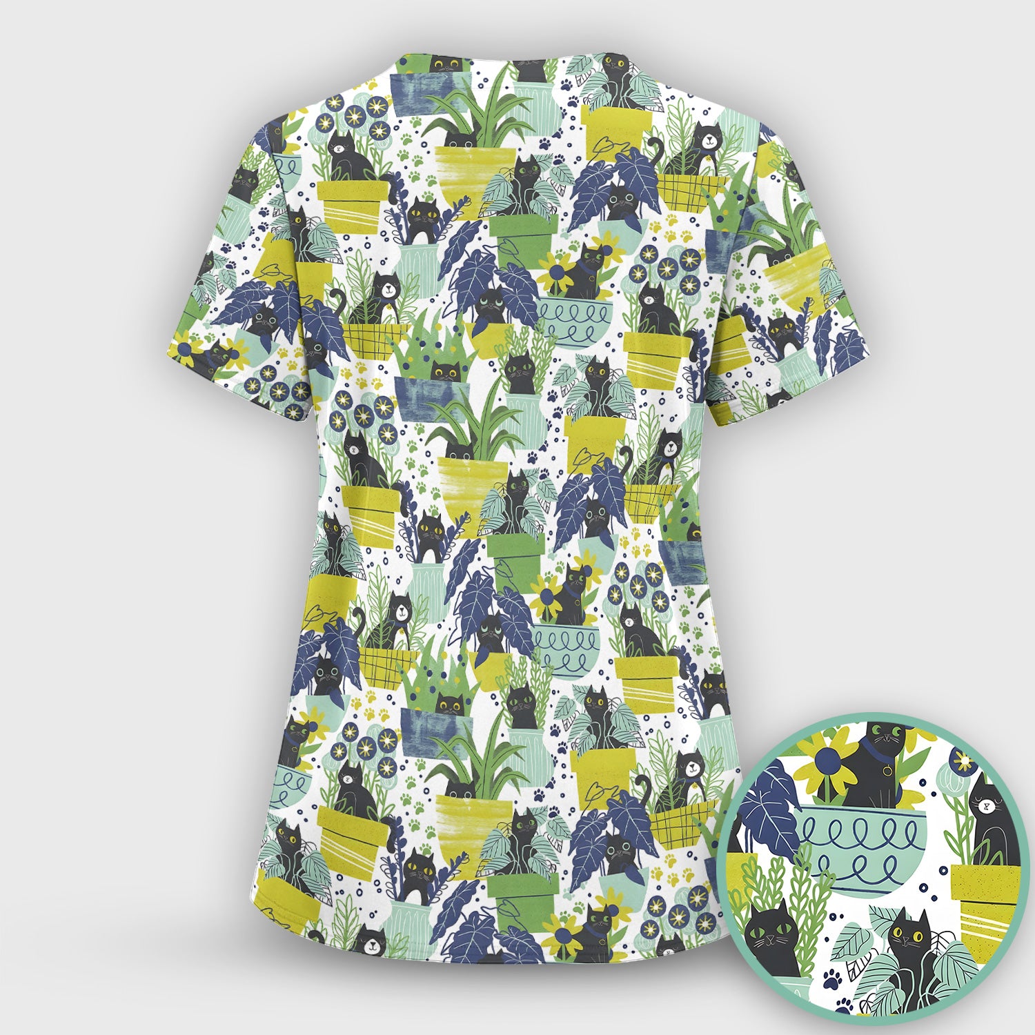 Black Cat Planter Garden Pattern Scrub Top, Comfortable Scrubs for Nurses