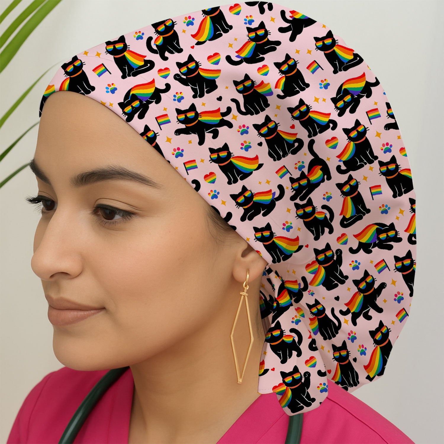 Rainbow Black Cat Pride Pattern Scrub Cap, Surgical Caps for Doctors