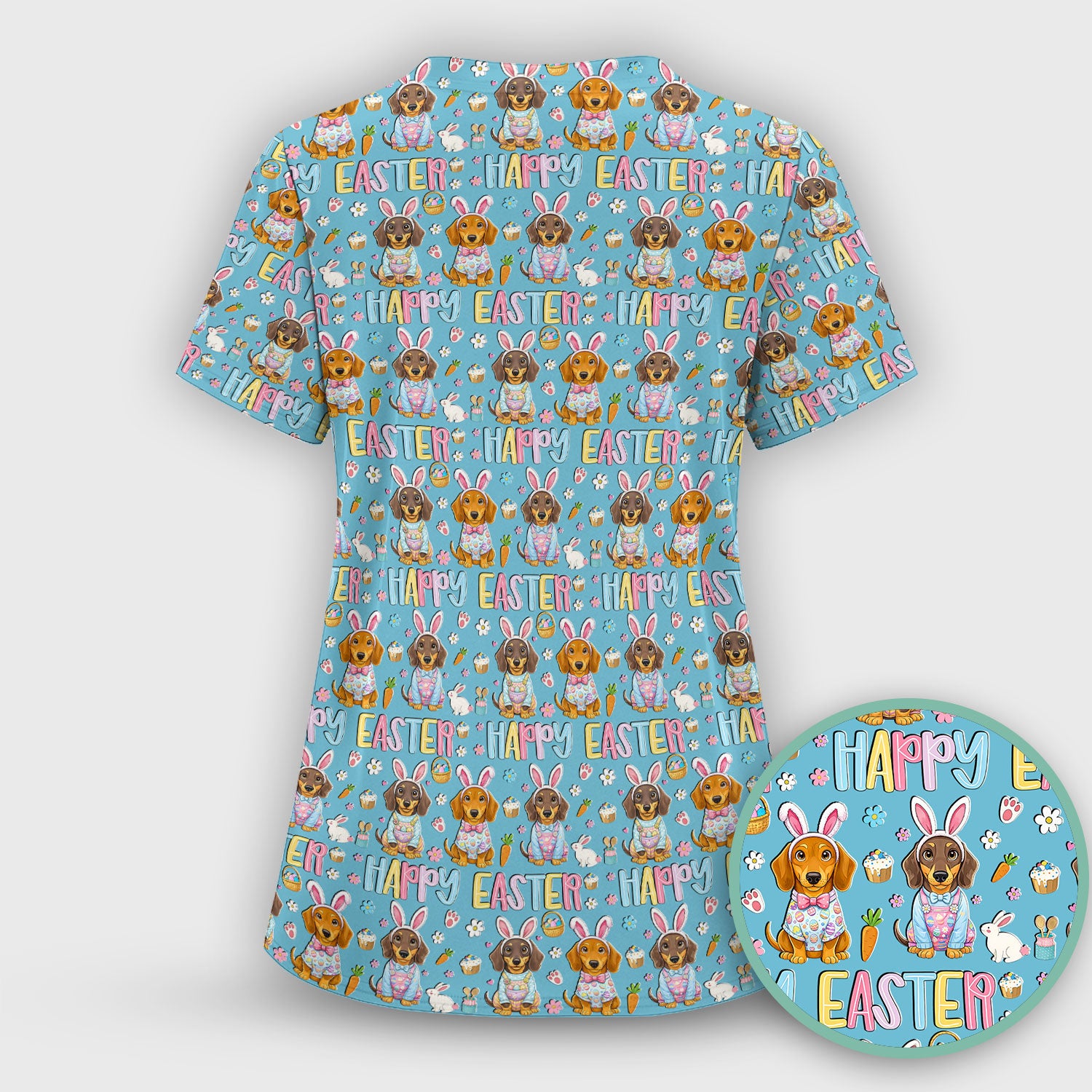 Happy Easter Dachshund Bunny Print Scrub Top, Comfortable Scrubs for Nurses