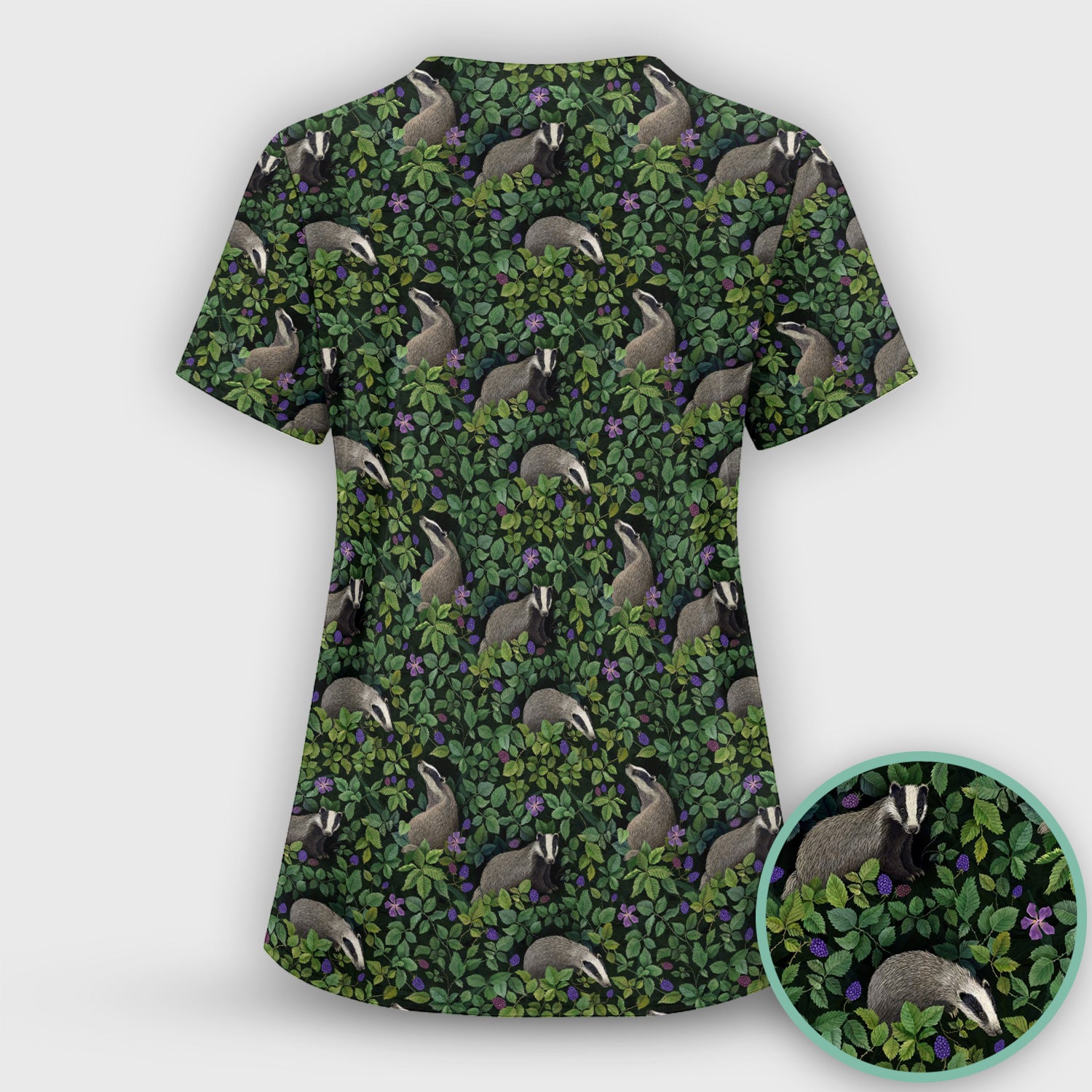 Woodland Badger Forest Pattern Scrub Set, Scrub Pants and V Neck Top