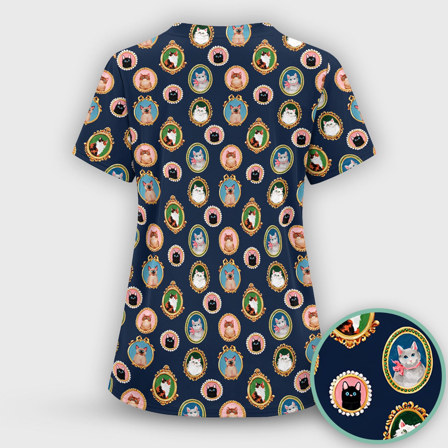 Vintage Cat Portrait Pattern Scrub Top, Breathable Medical Uniform Top