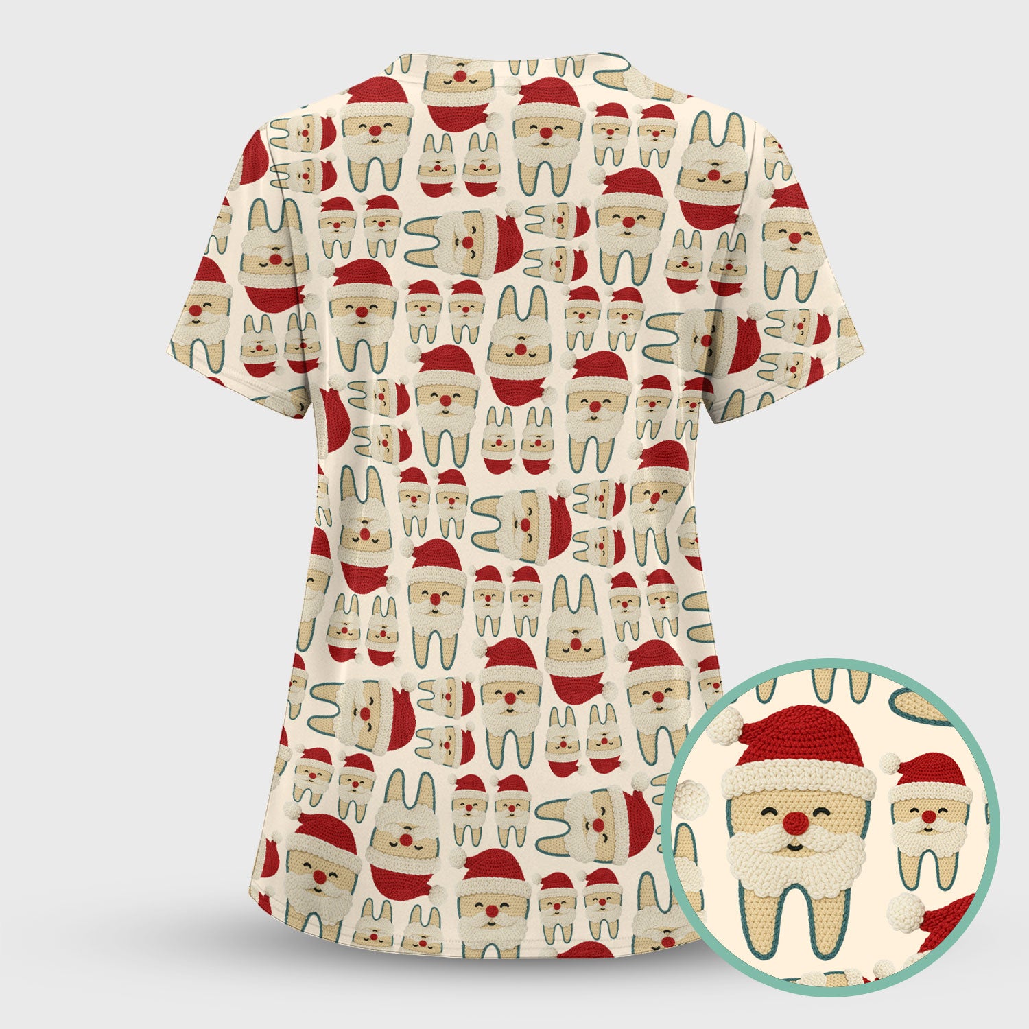 Christmas Tooth Scrub Top - Cute Santa Tooth Pattern for Dentists & Hygienists - Crochet Style Holiday Medical Uniform for Women