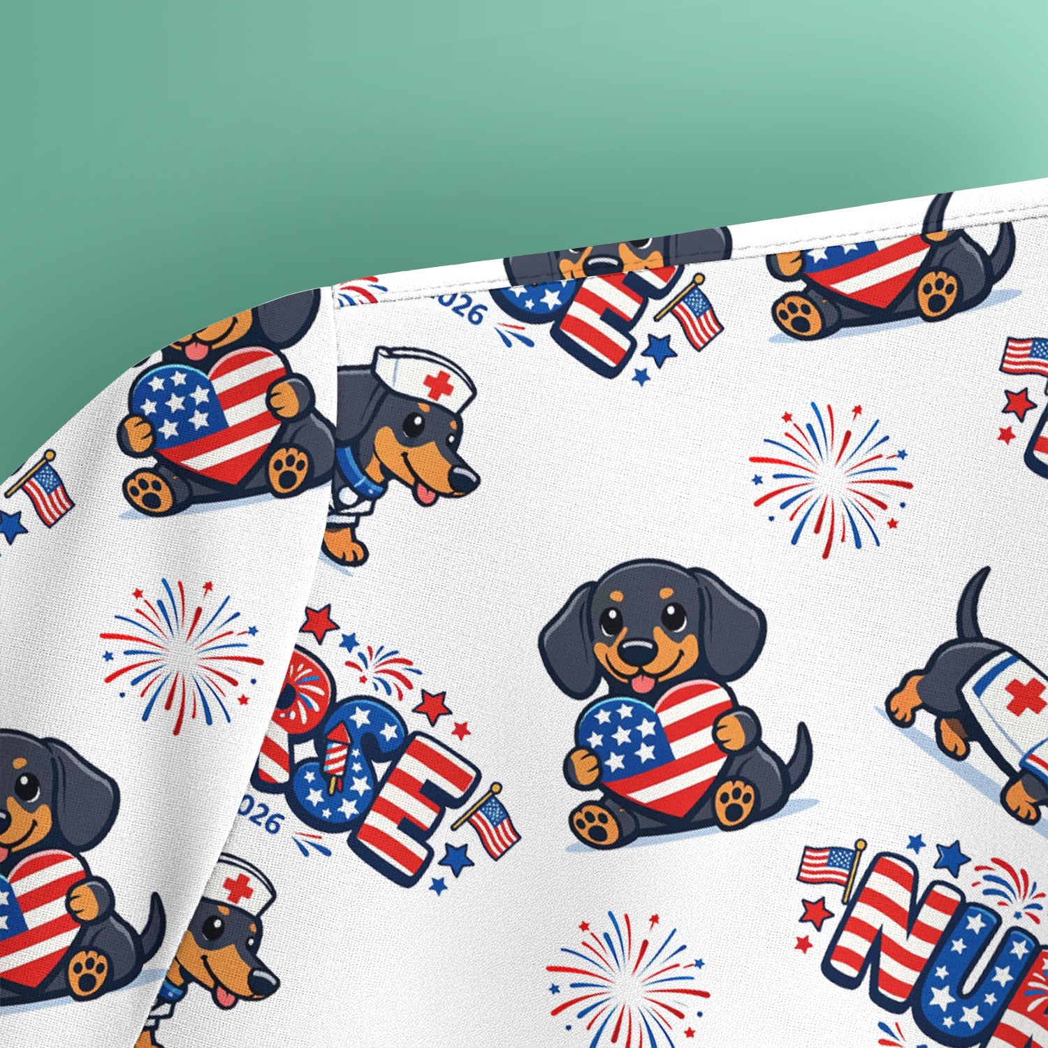Proud Nurse Patriotic Dachshund Medical Firework Pattern Scrub Top, Comfortable Scrubs for Nurses