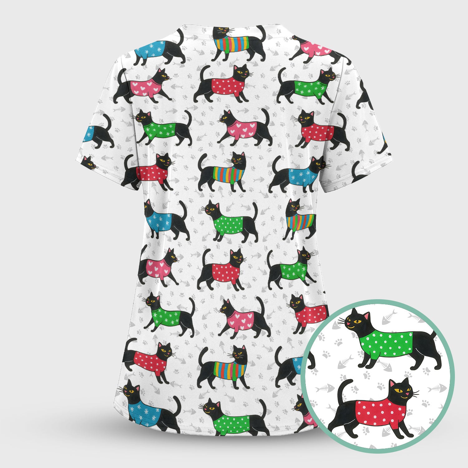 Cute Cat Scrub Top - Black Kitty Print Nurse Shirt - Fun Animal Medical Scrubs Gift for Women CNA RN Doctor
