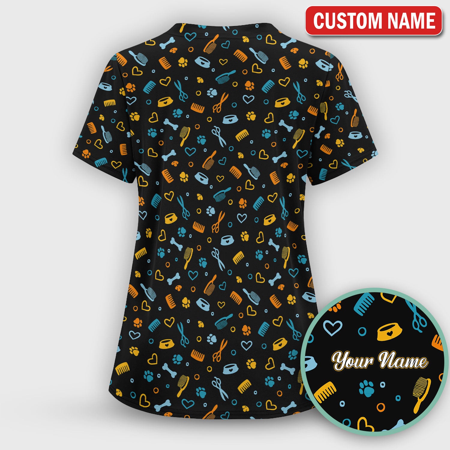 Custom Name Dog Cat Grooming Pattern Scrub Top, Breathable Fabrics Nursing Uniform