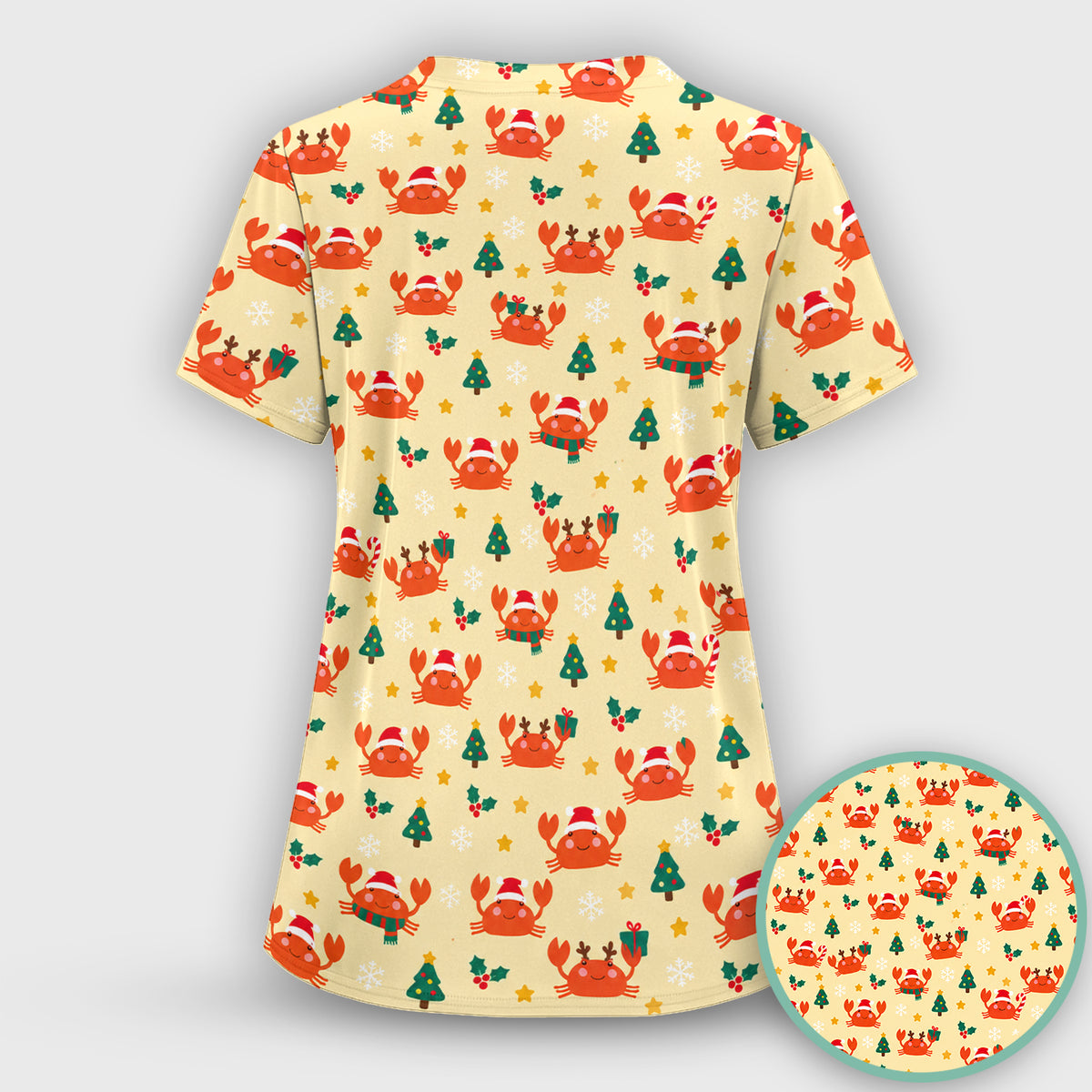 Christmas Crabs And Trees Pattern Scrub Set, Scrub Pants and V Neck Top